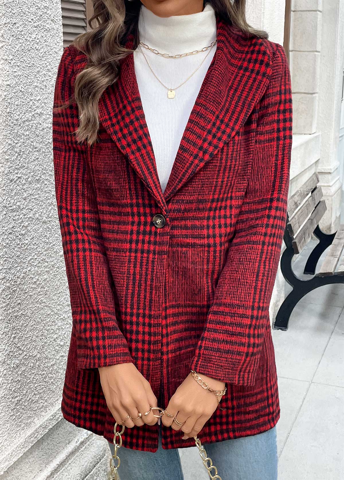 Wine Red Button Plaid Long Sleeve Lapel Coat | picture 