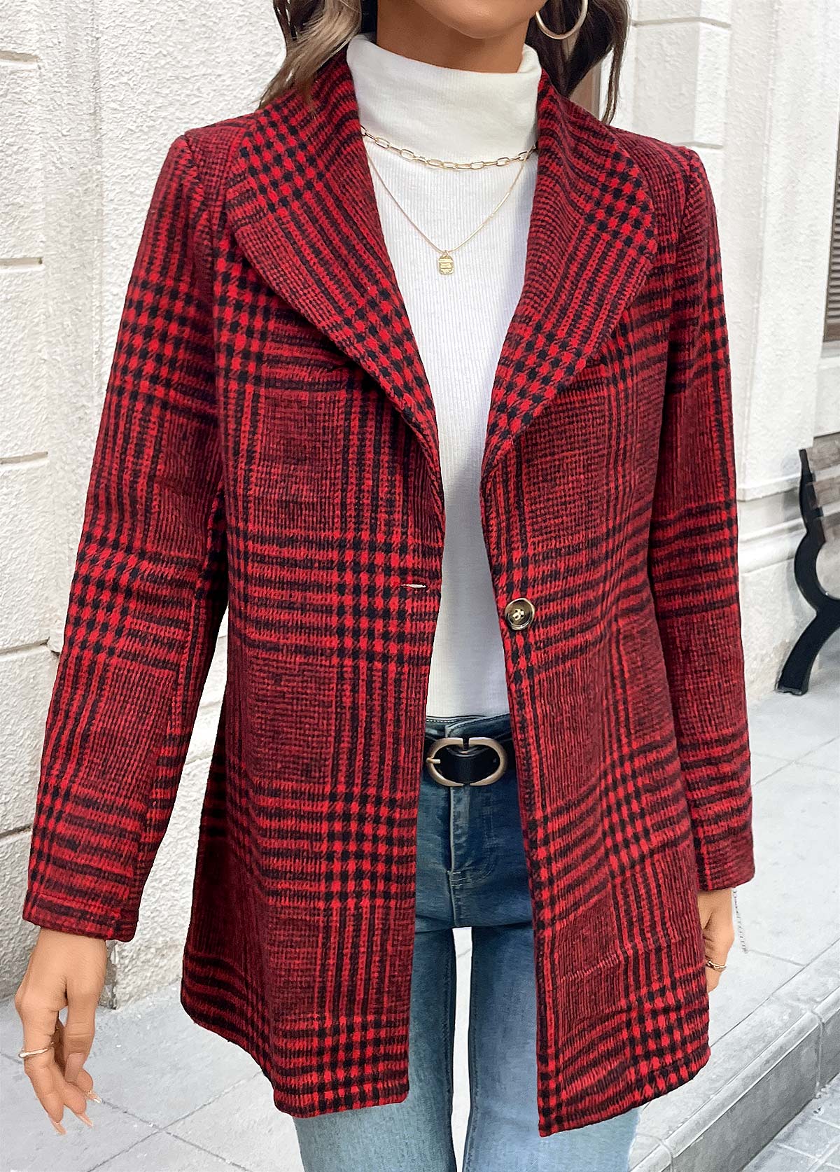 Wine Red Button Plaid Long Sleeve Lapel Coat | picture 
