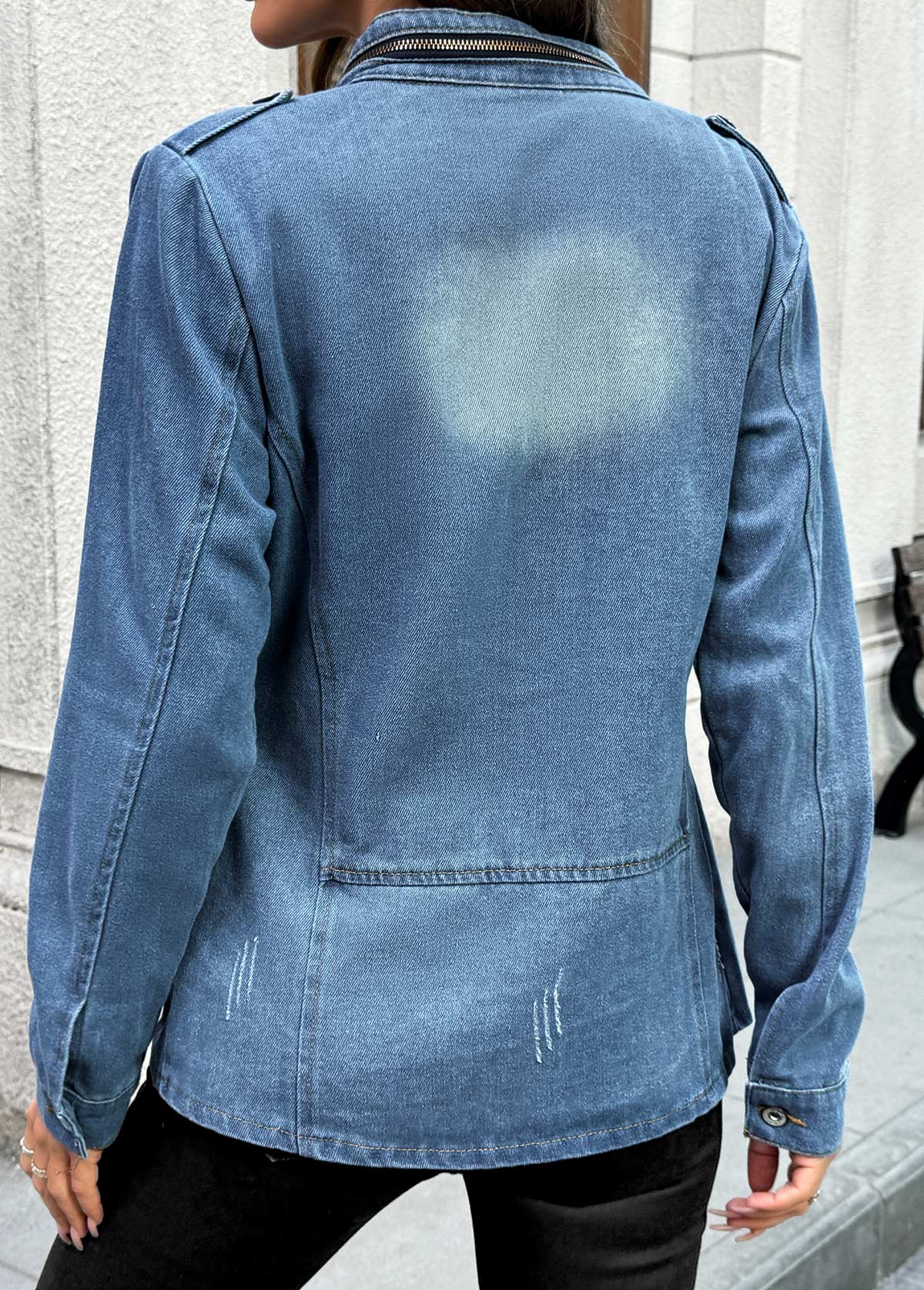 Denim Blue Patch Pocket Long Sleeve Stand Collar Coat | picture 