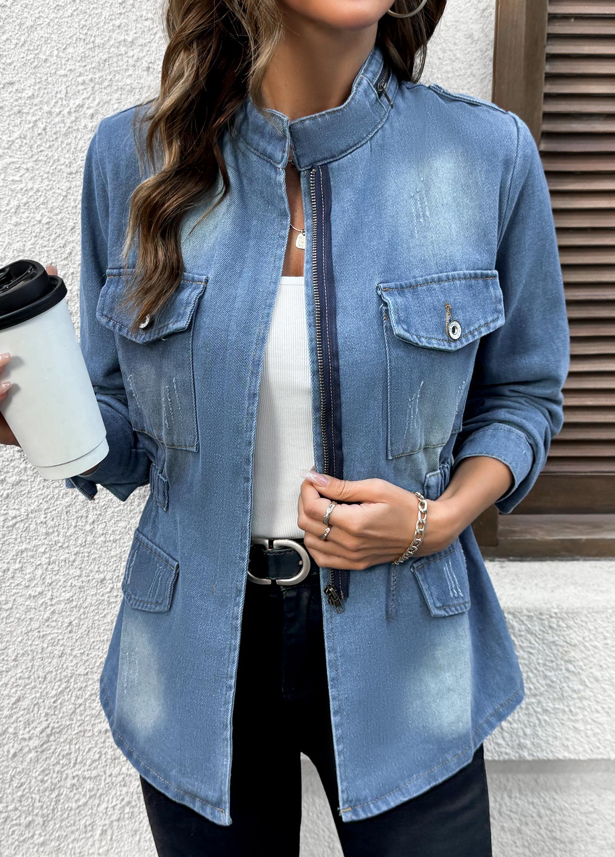 Denim Blue Patch Pocket Long Sleeve Stand Collar Coat | picture 