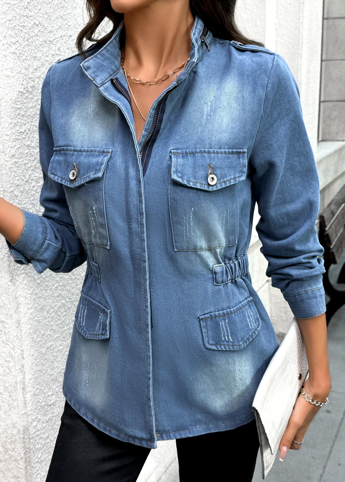 Denim Blue Patch Pocket Long Sleeve Stand Collar Coat | picture 