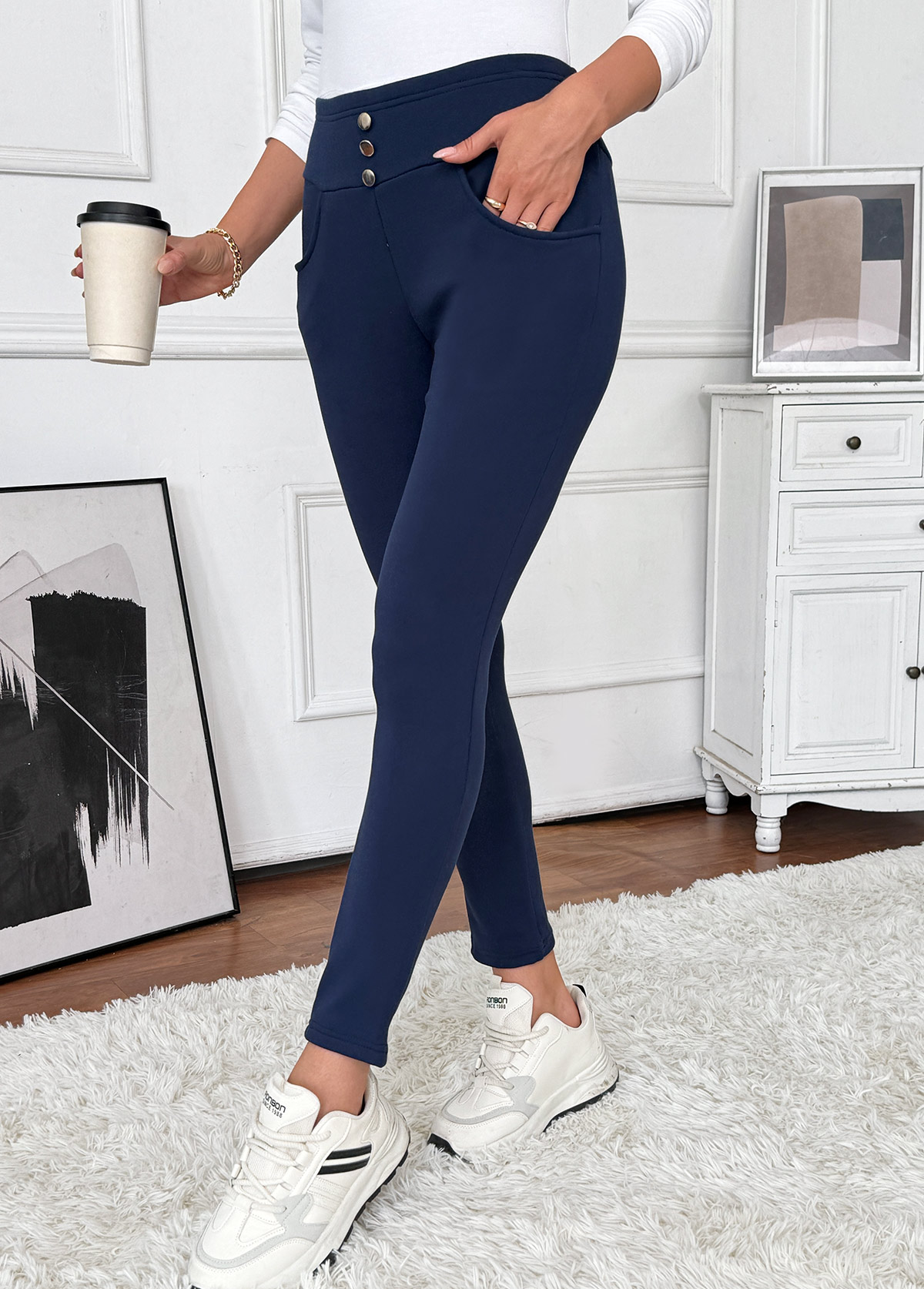 Navy Pocket Skinny Elastic Waist High Waisted Pants | picture 