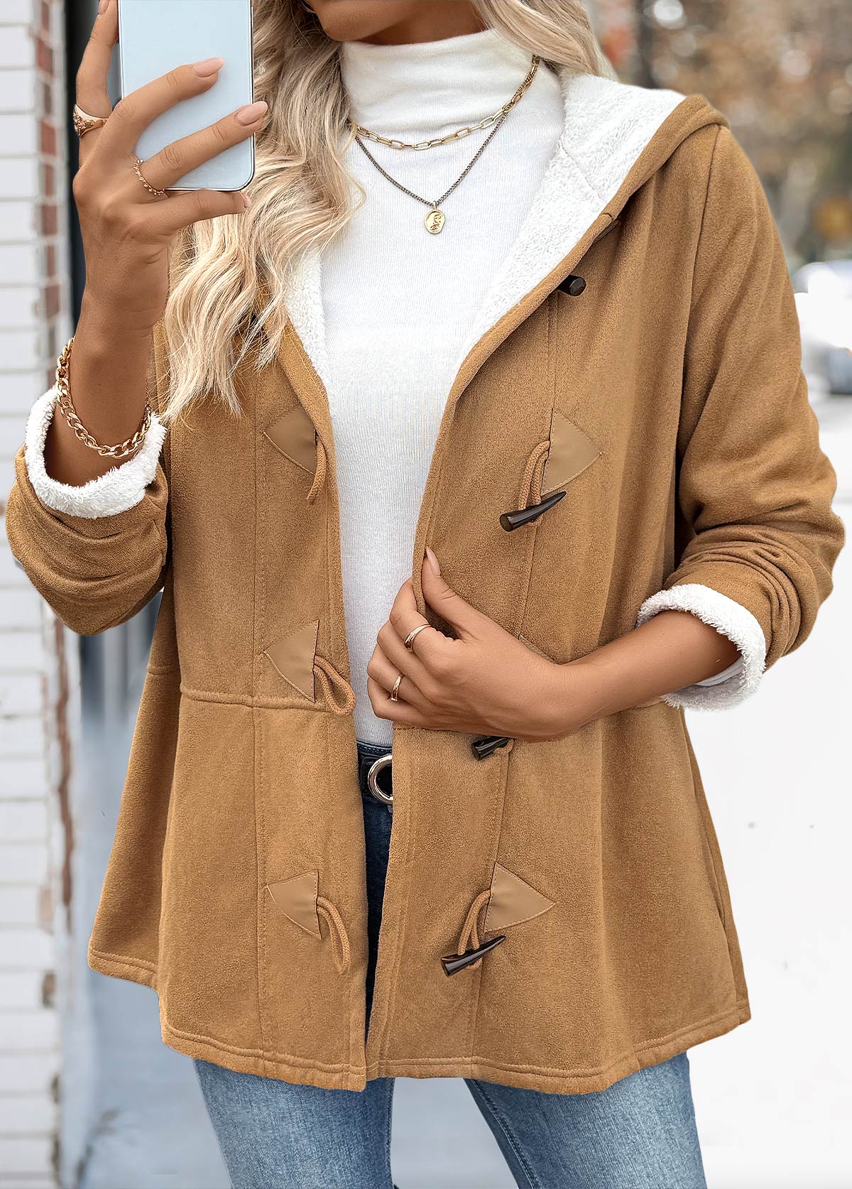 Dark Camel Tummy Coverage Long Sleeve Hooded Coat | picture 