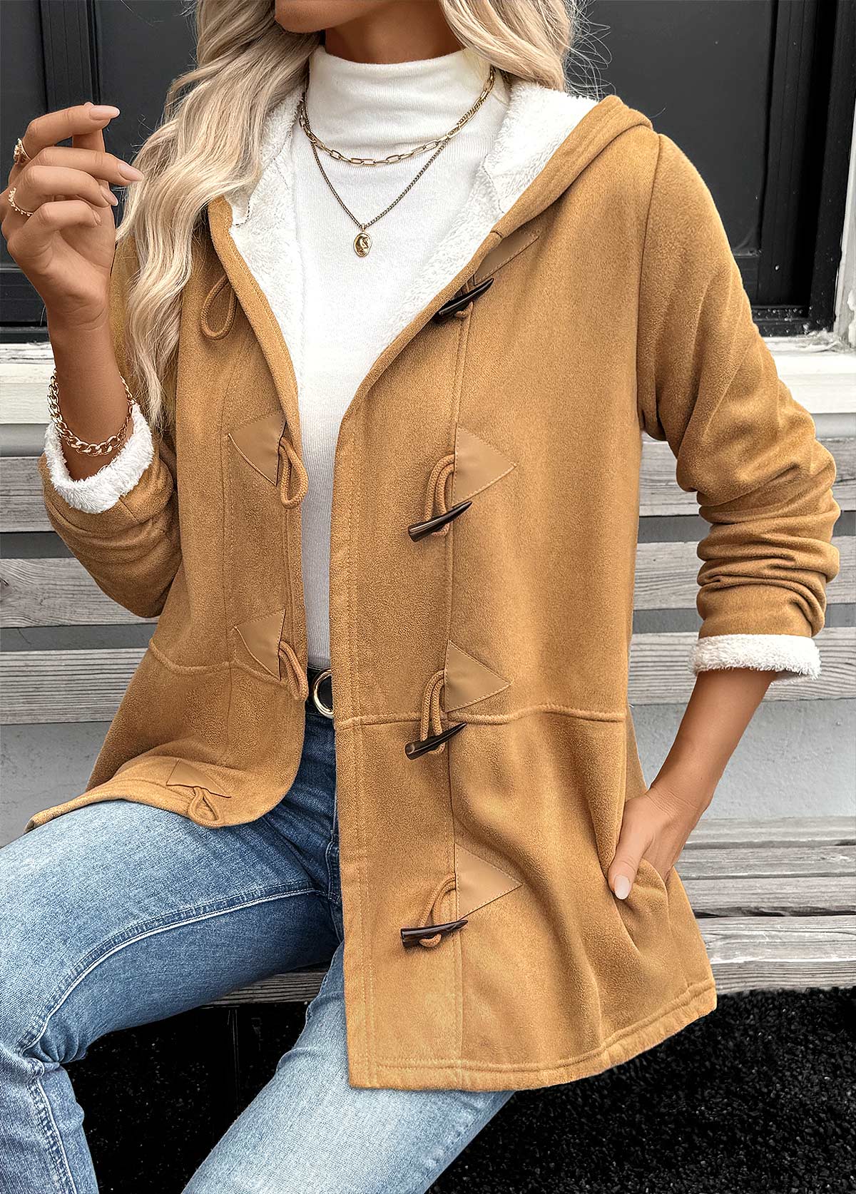 Dark Camel Tummy Coverage Long Sleeve Hooded Coat | picture 