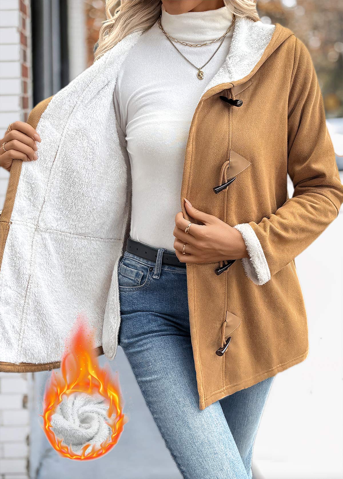 Dark Camel Tummy Coverage Long Sleeve Hooded Coat | picture 