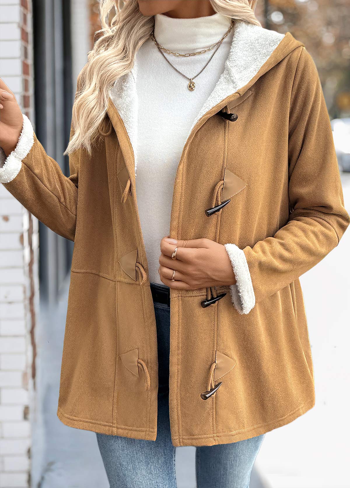 Dark Camel Tummy Coverage Long Sleeve Hooded Coat | picture 