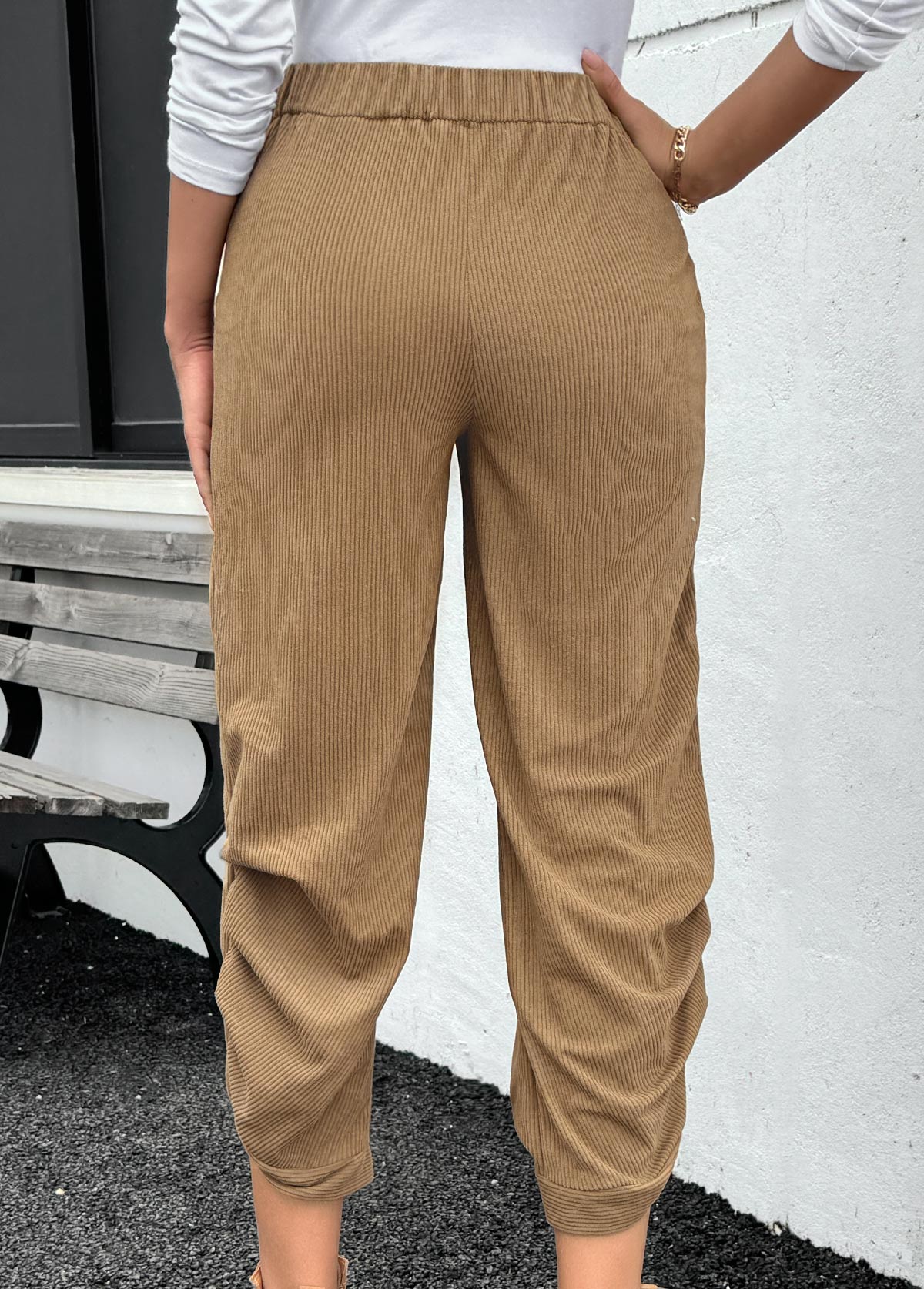 Dark Camel Pocket Straight Leg Elastic Waist Pants | picture 
