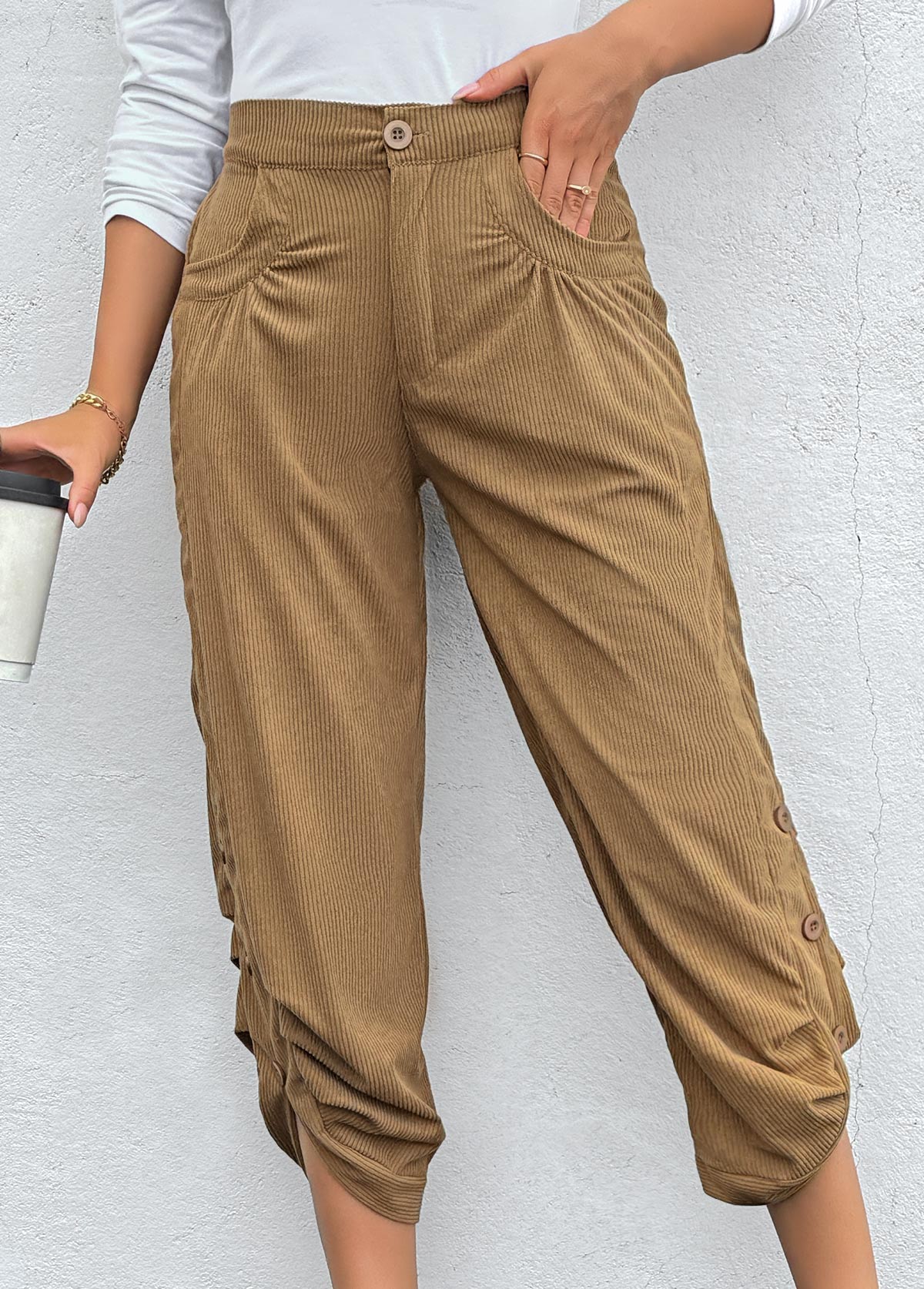 Dark Camel Pocket Straight Leg Elastic Waist Pants | picture 