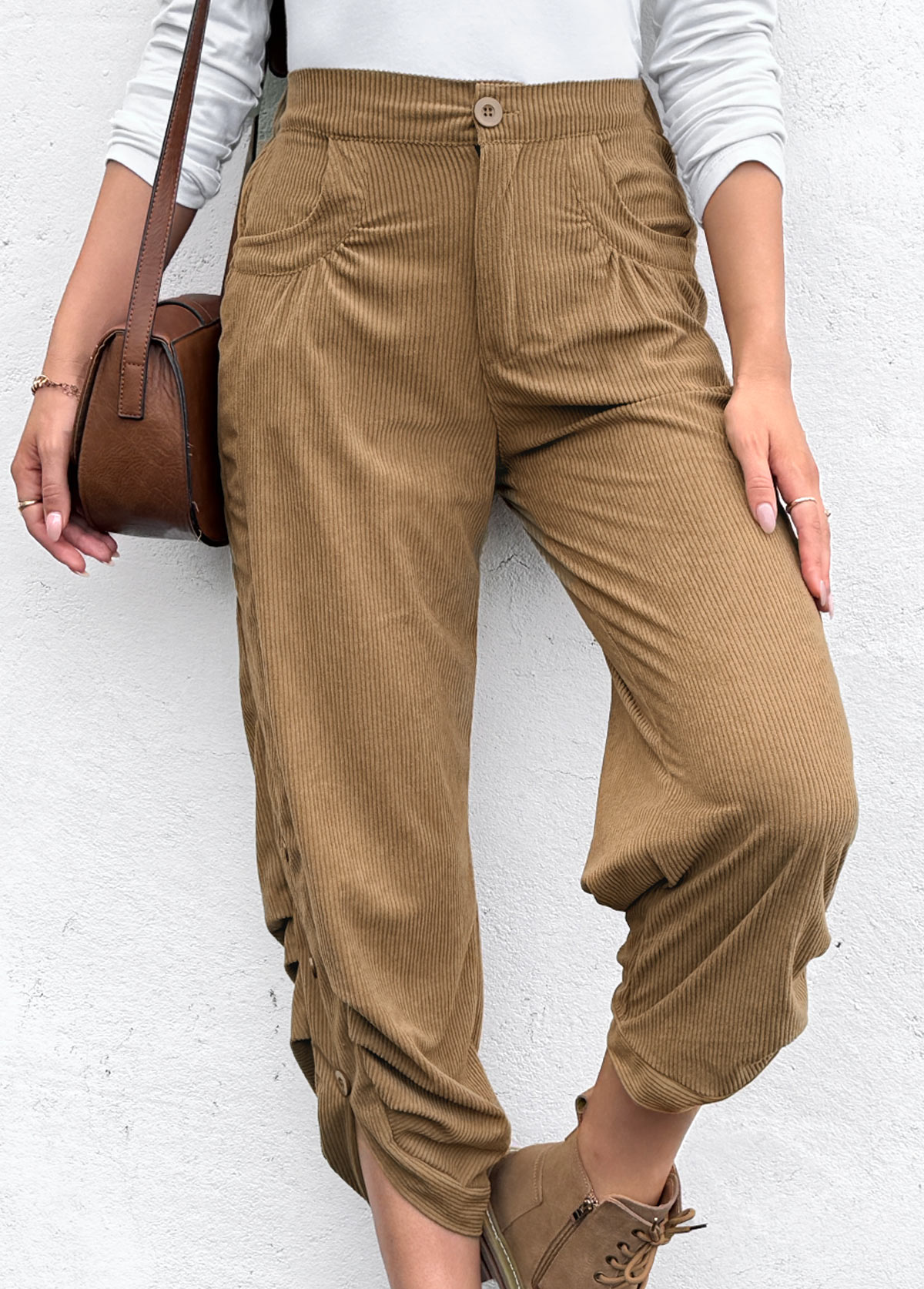 Dark Camel Pocket Straight Leg Elastic Waist Pants | picture 