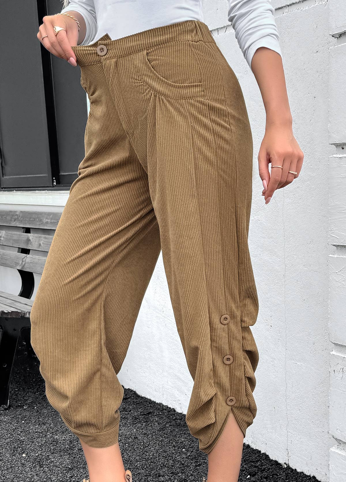 Dark Camel Pocket Straight Leg Elastic Waist Pants | picture 