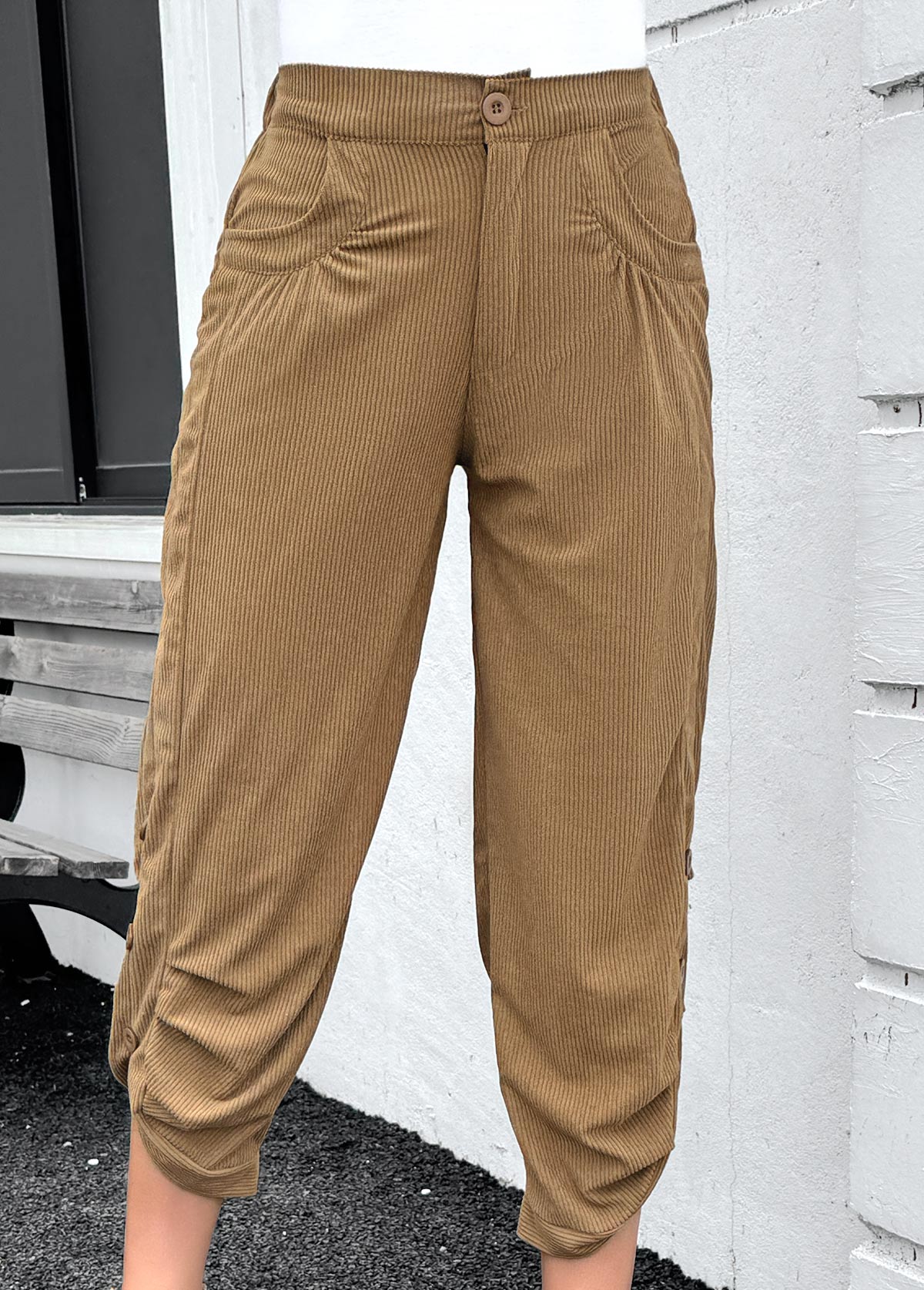 Dark Camel Pocket Straight Leg Elastic Waist Pants | picture 