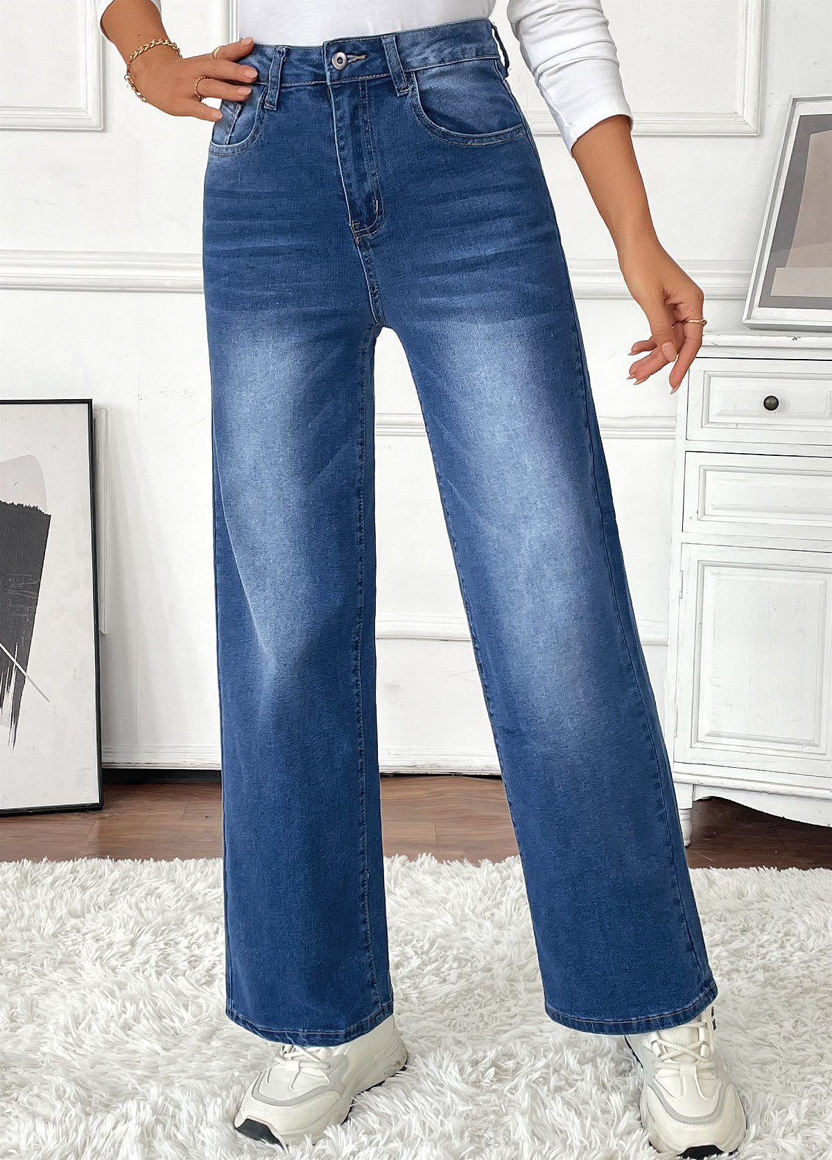 Denim Blue Pocket Wide Leg Button Fly Pants | picture 