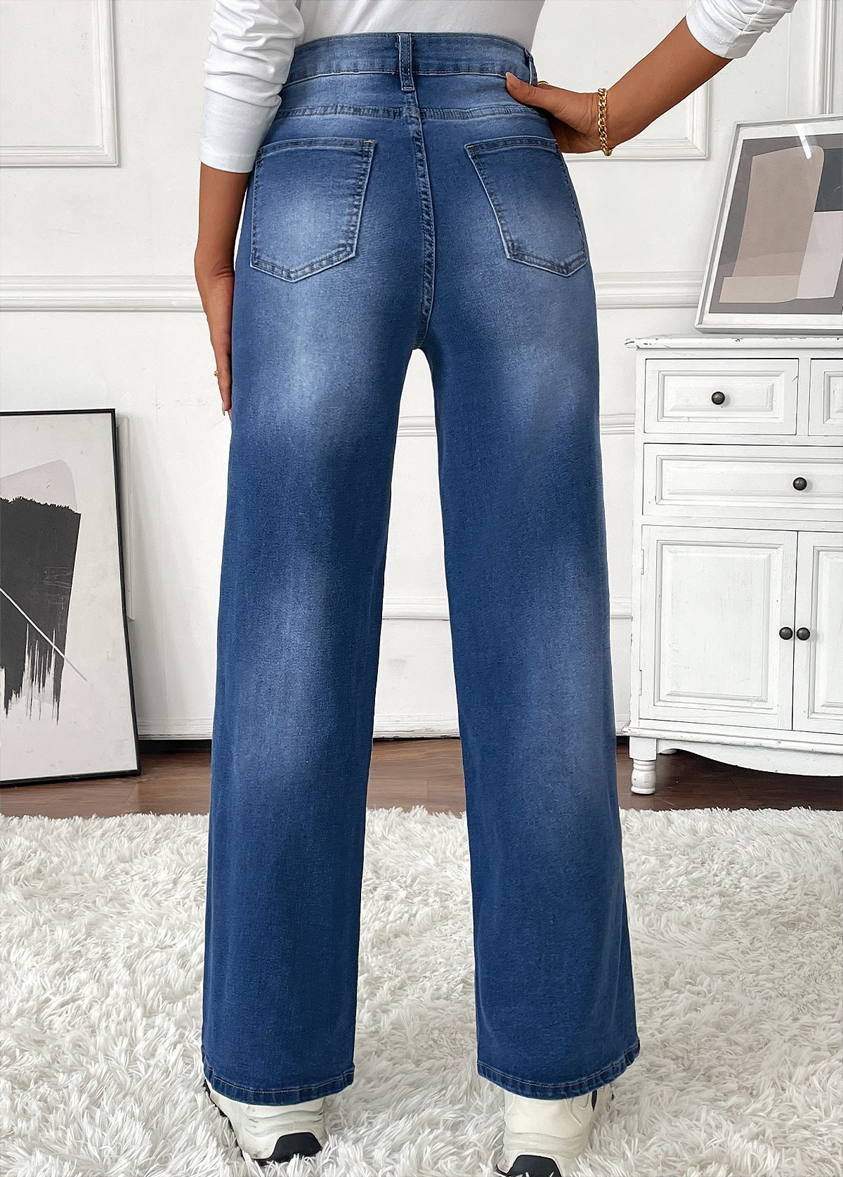 Denim Blue Pocket Wide Leg Button Fly Pants | picture 