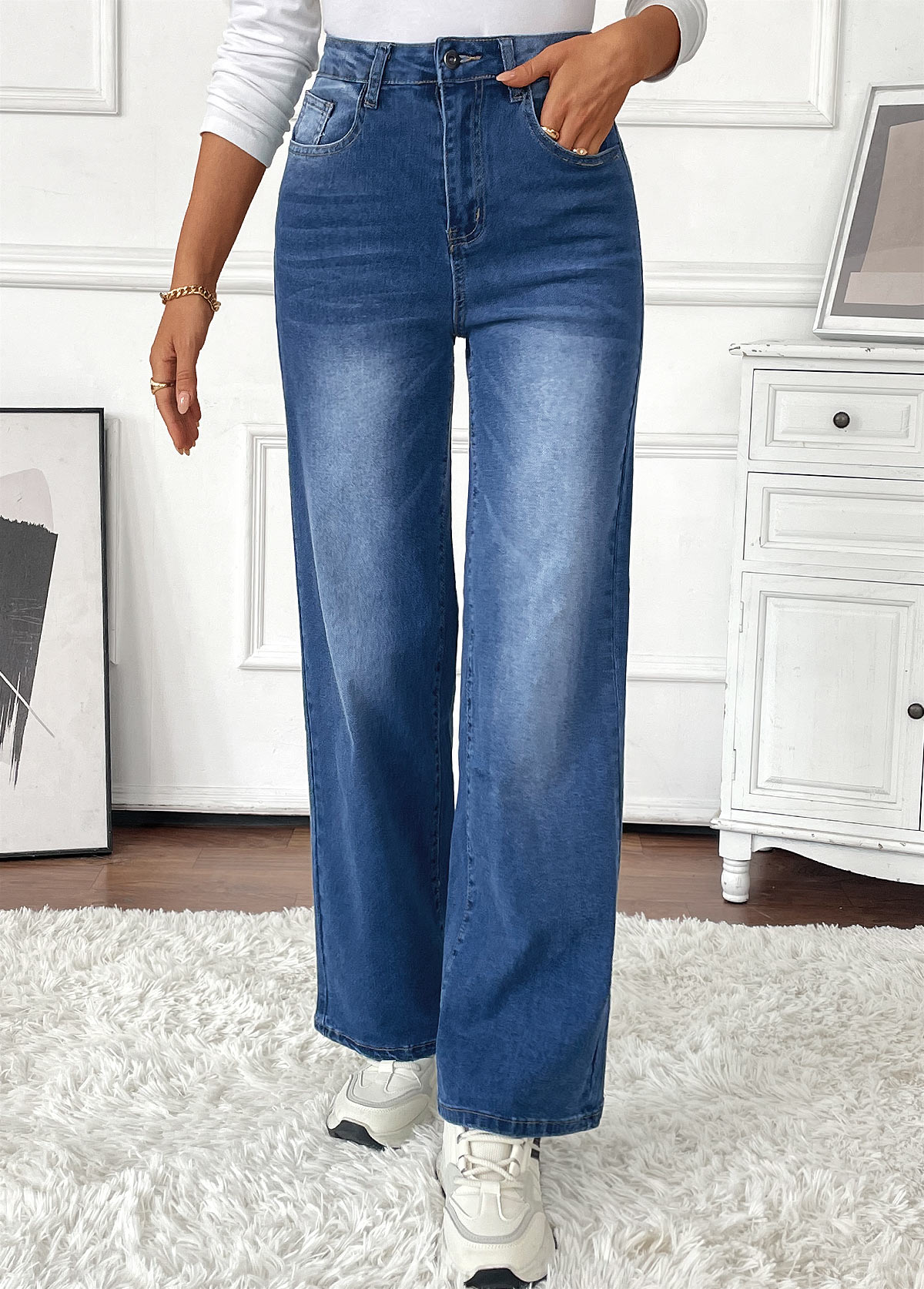 Denim Blue Pocket Wide Leg Button Fly Pants | picture 