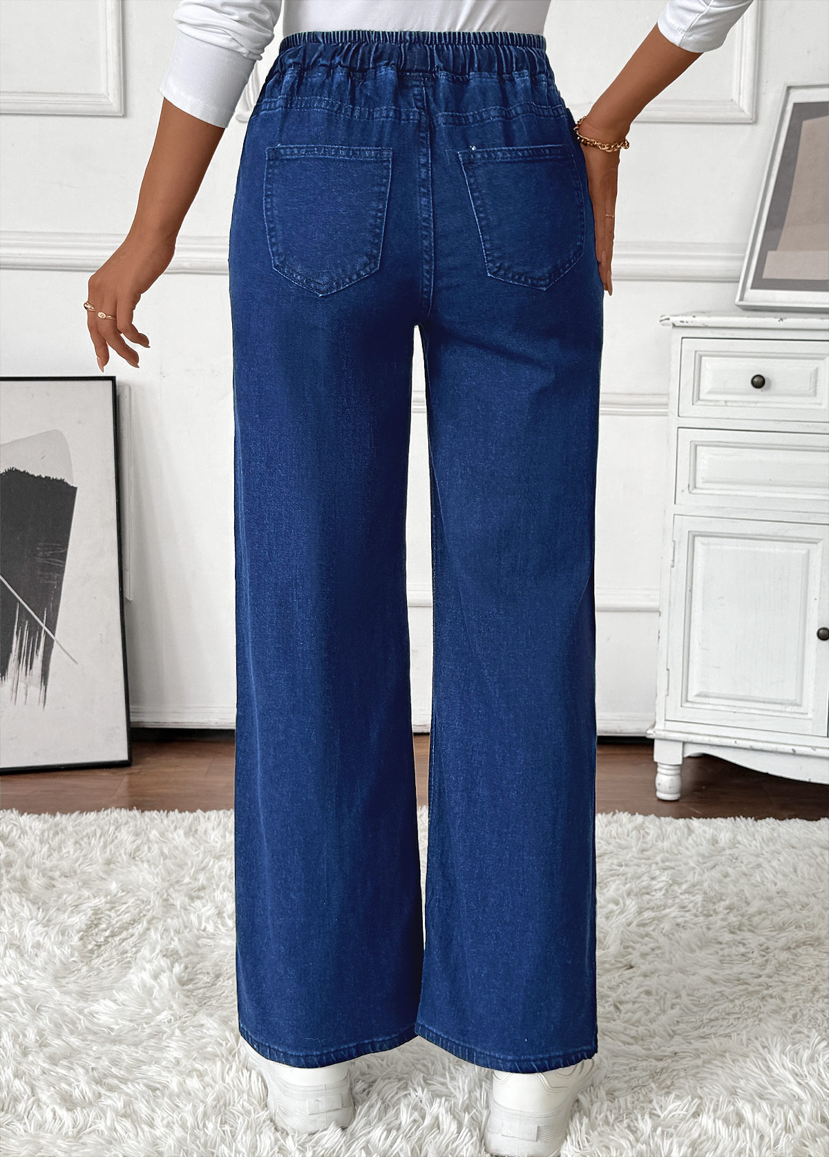 Denim Blue Pocket Wide Leg Elastic Waist Jeans | picture 