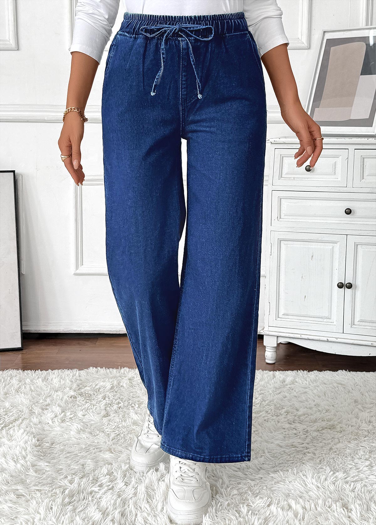Denim Blue Pocket Wide Leg Elastic Waist Jeans | picture 
