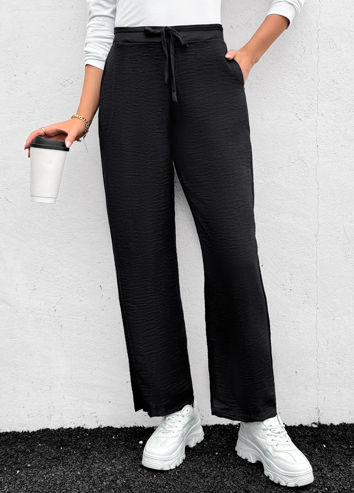 Black Pocket Straight Leg Elastic Waist High Waisted Pants | picture 