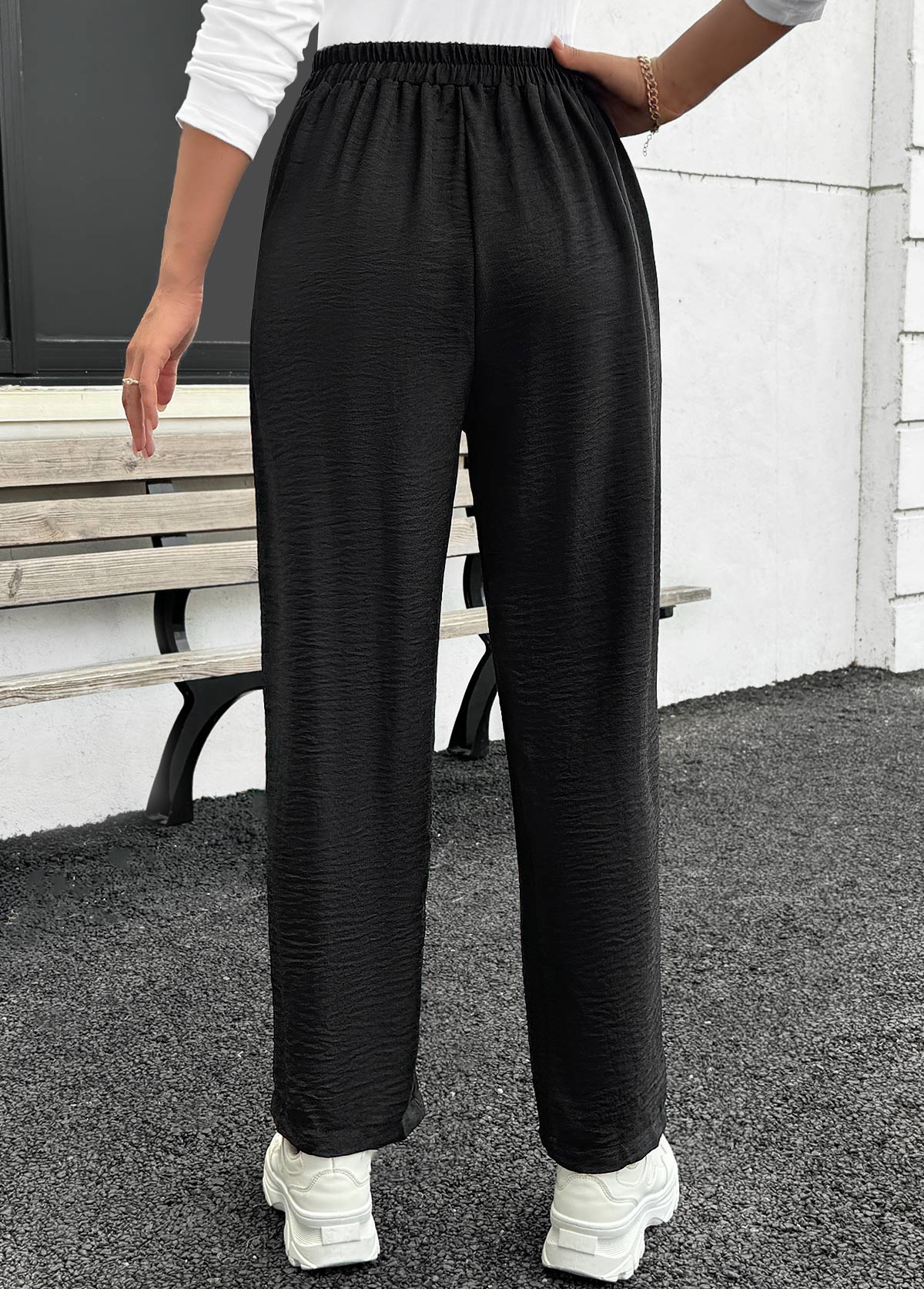 Black Pocket Straight Leg Elastic Waist High Waisted Pants | picture 