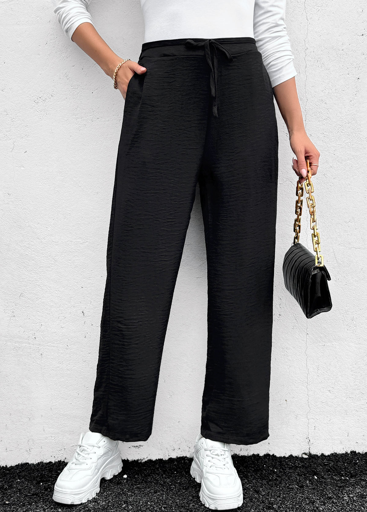 Black Pocket Straight Leg Elastic Waist High Waisted Pants | picture 