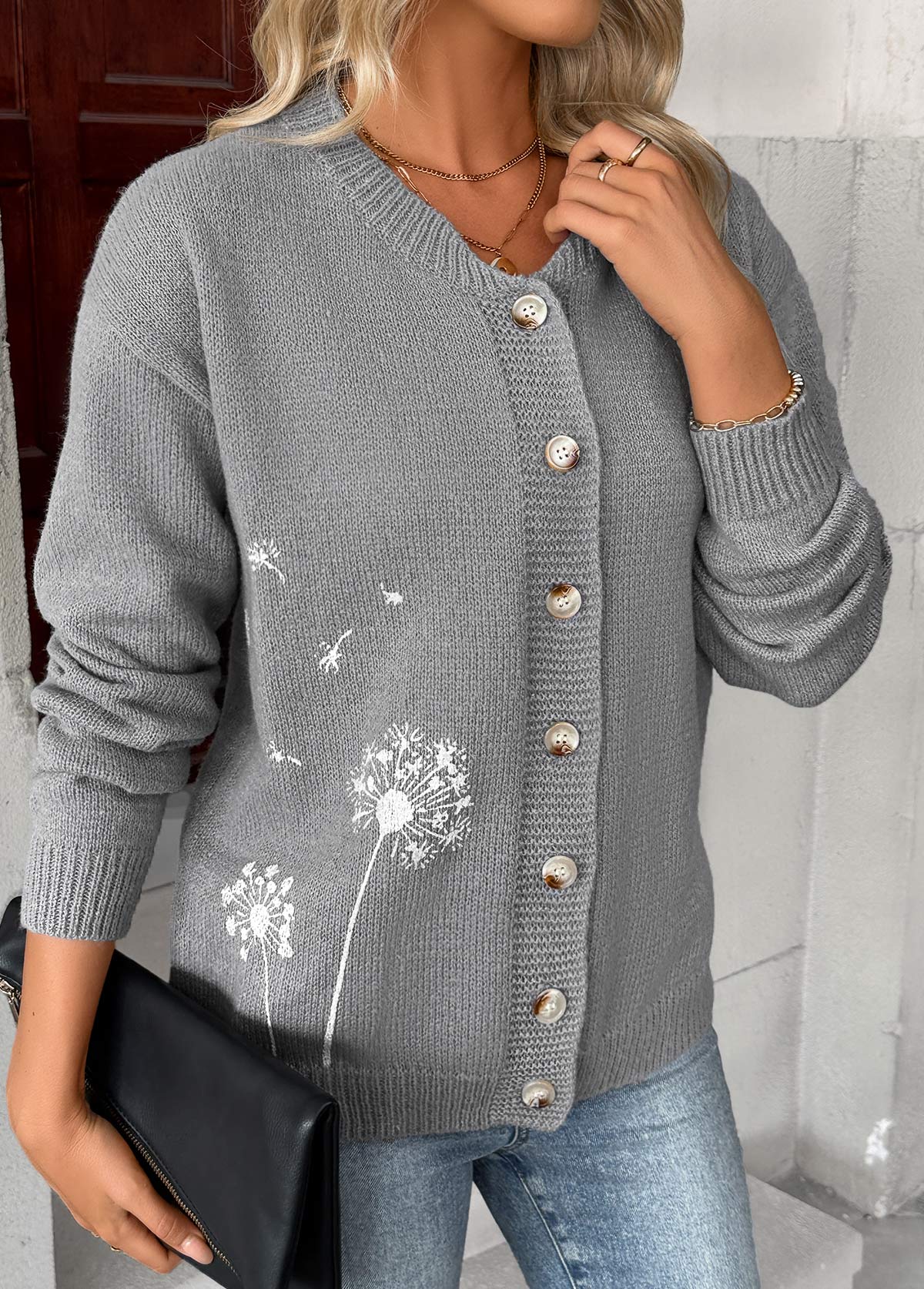 Grey Tummy Coverage Plants Print Long Sleeve Cardigan | picture 