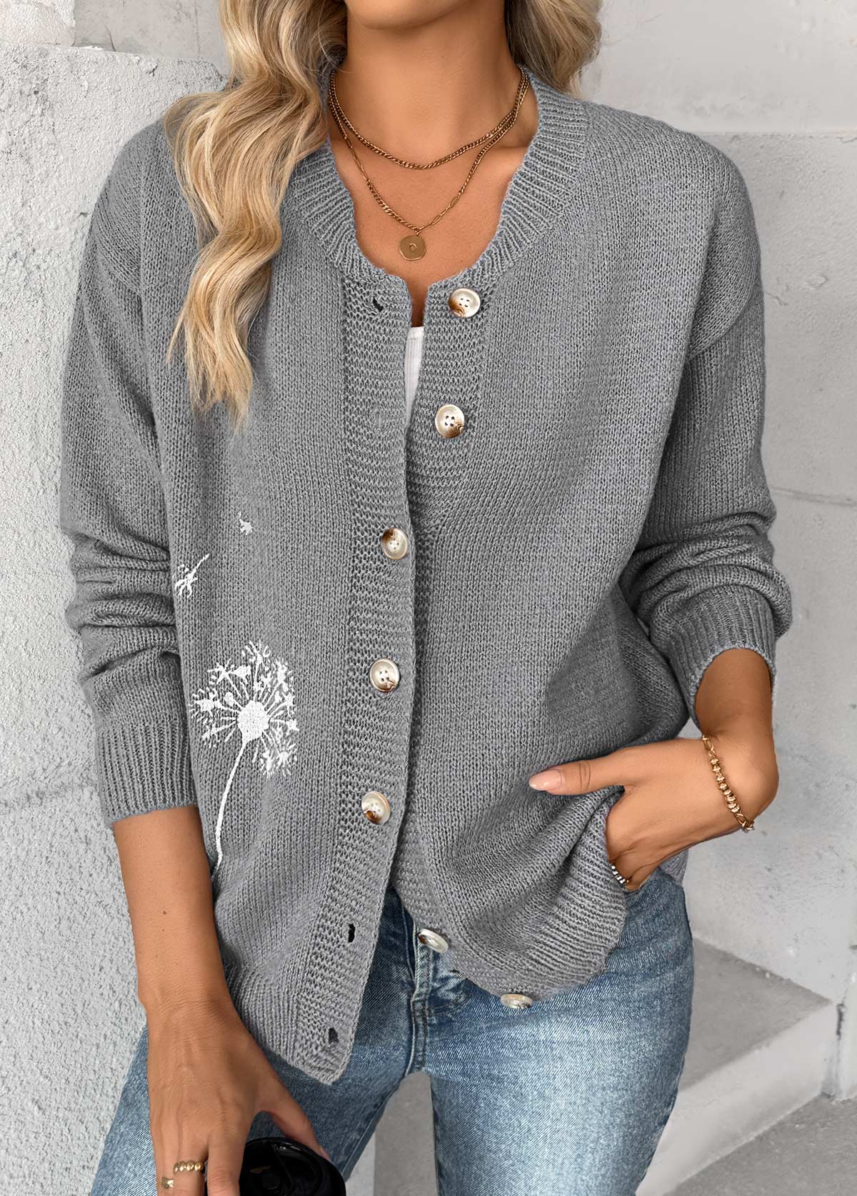 Grey Tummy Coverage Plants Print Long Sleeve Cardigan | picture 