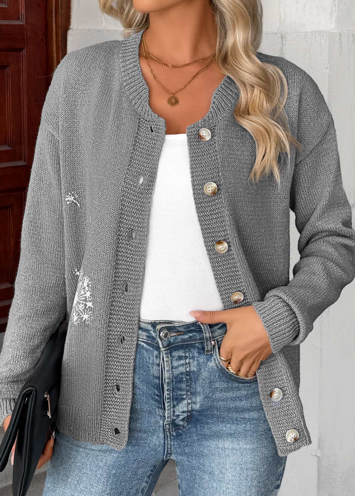 Grey Tummy Coverage Plants Print Long Sleeve Cardigan | picture 