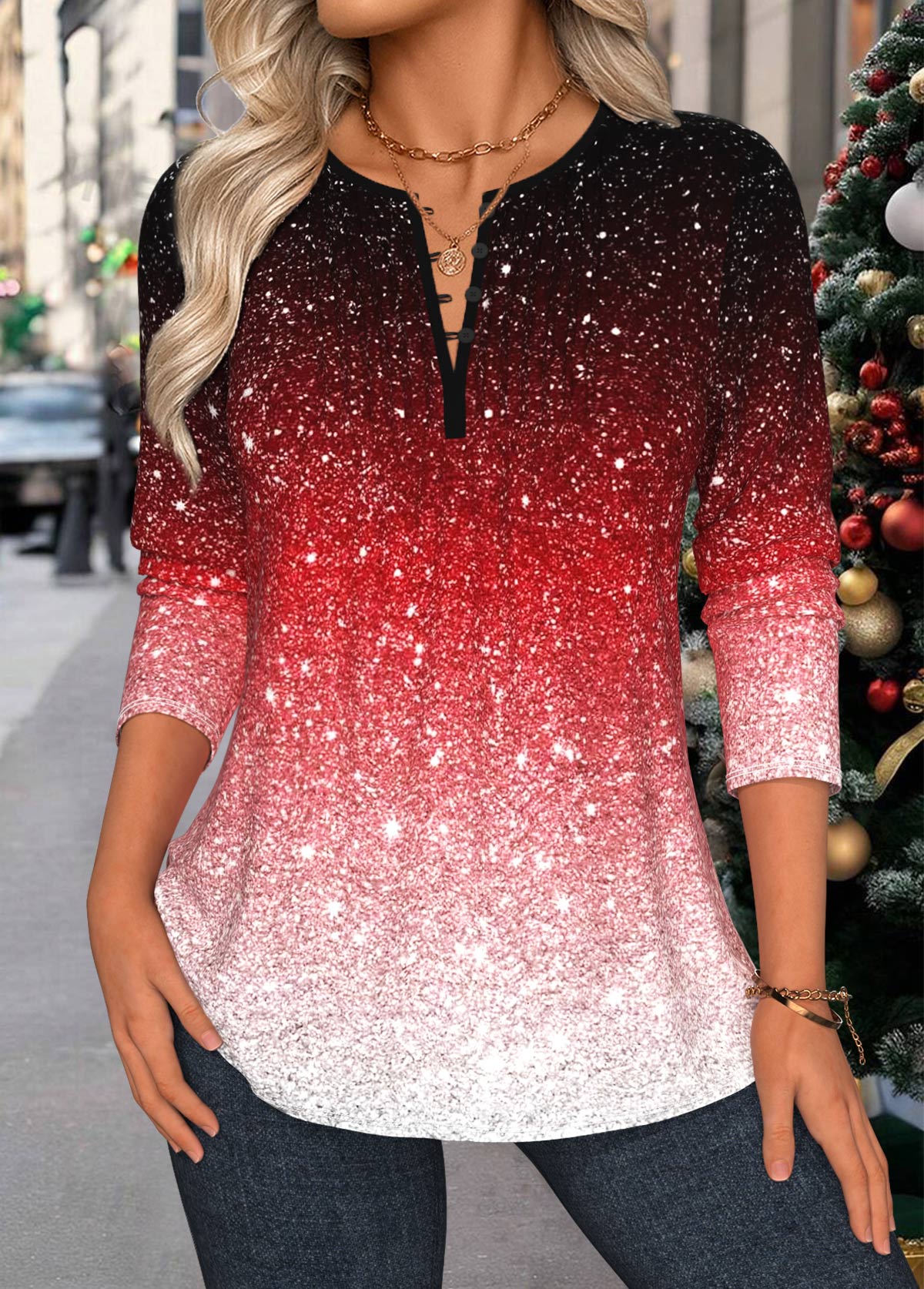 Red Tuck Stitch Ombre Long Sleeve Split Neck Blouse | picture 