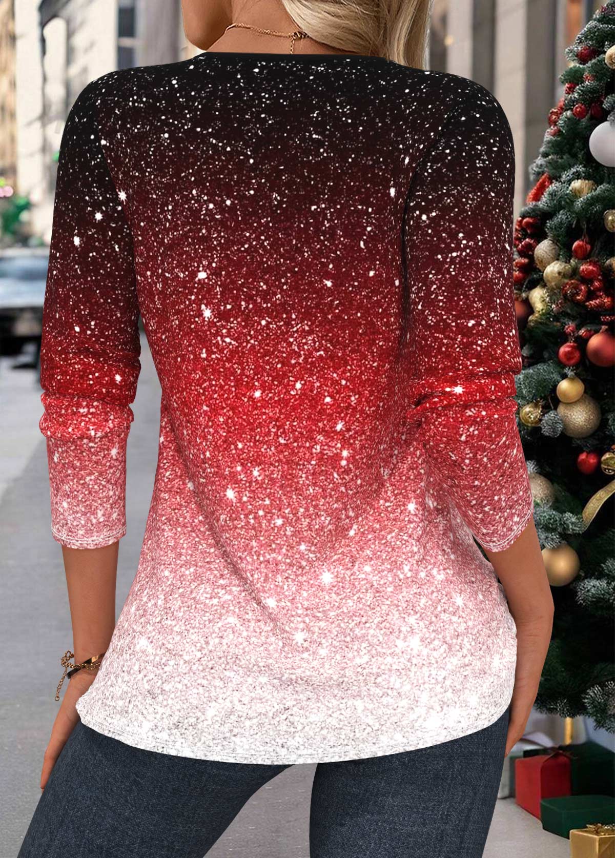 Red Tuck Stitch Ombre Long Sleeve Split Neck Blouse | picture 