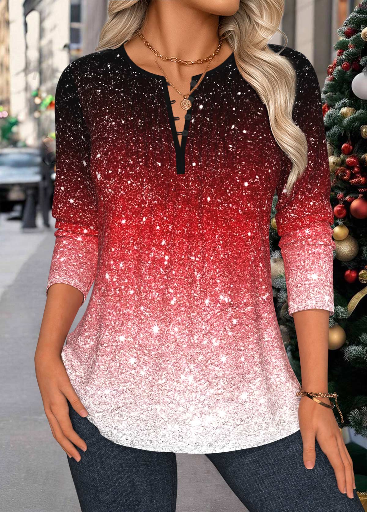 Red Tuck Stitch Ombre Long Sleeve Split Neck Blouse | picture 