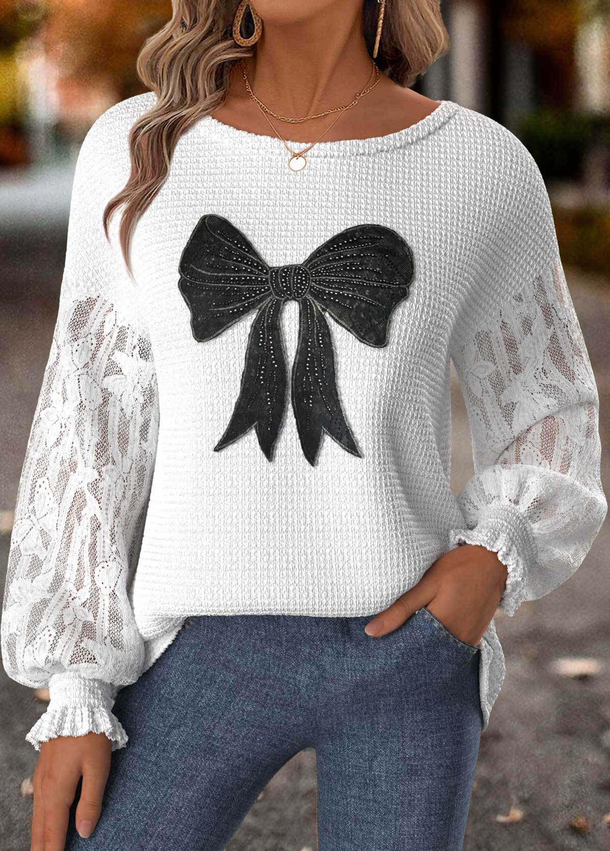 Modlily Raw White Tummy Coverage Geometric Print Long Sleeve Sweatshirt - M