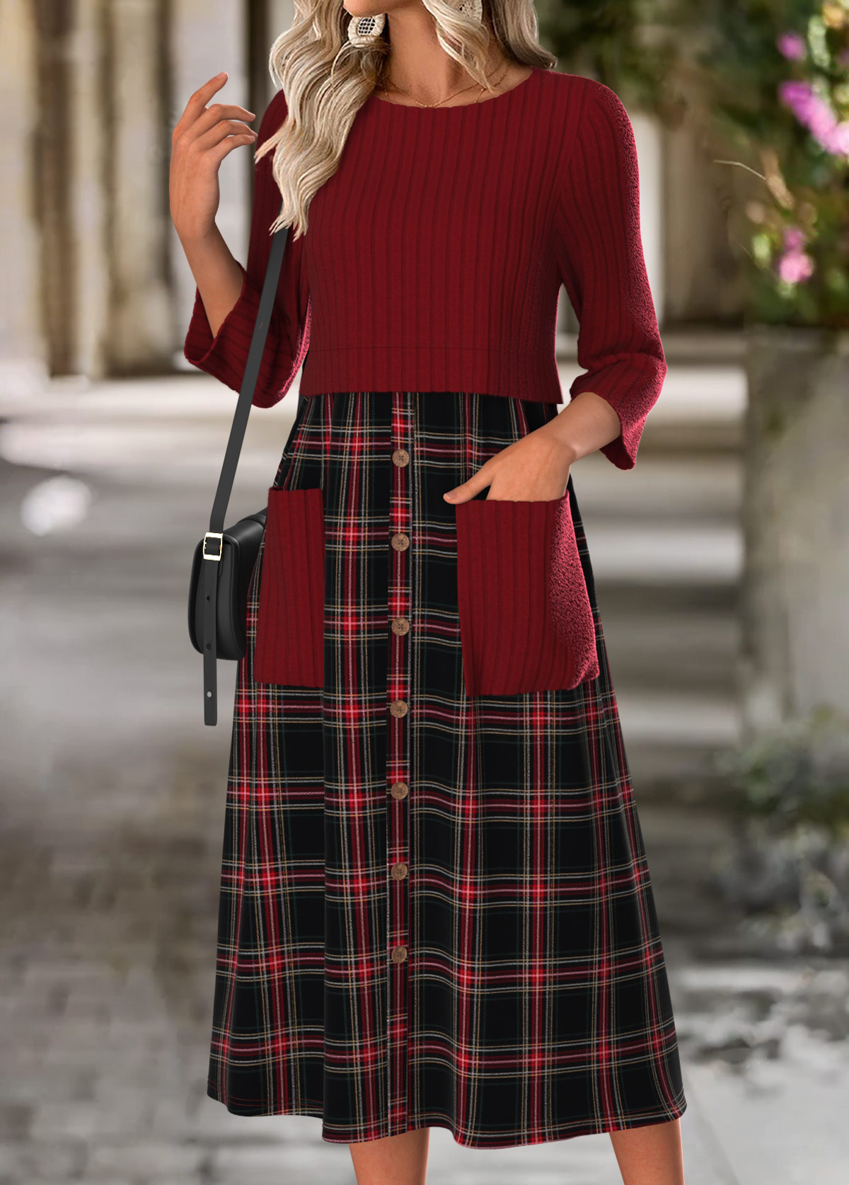 Wine Red Tummy Coverage Plaid Long Sleeve Dress | picture 