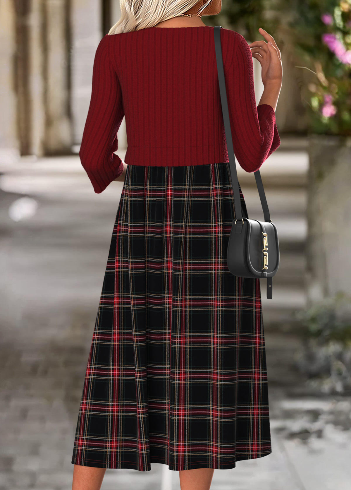 Wine Red Tummy Coverage Plaid Long Sleeve Dress | picture 