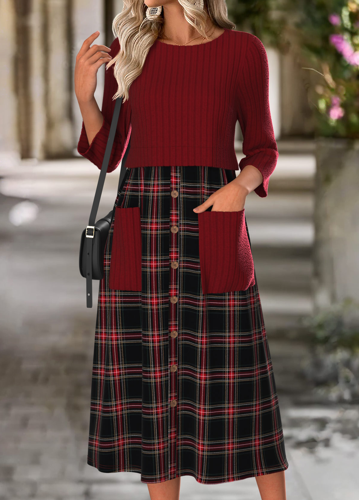 Wine Red Tummy Coverage Plaid Long Sleeve Dress | picture 