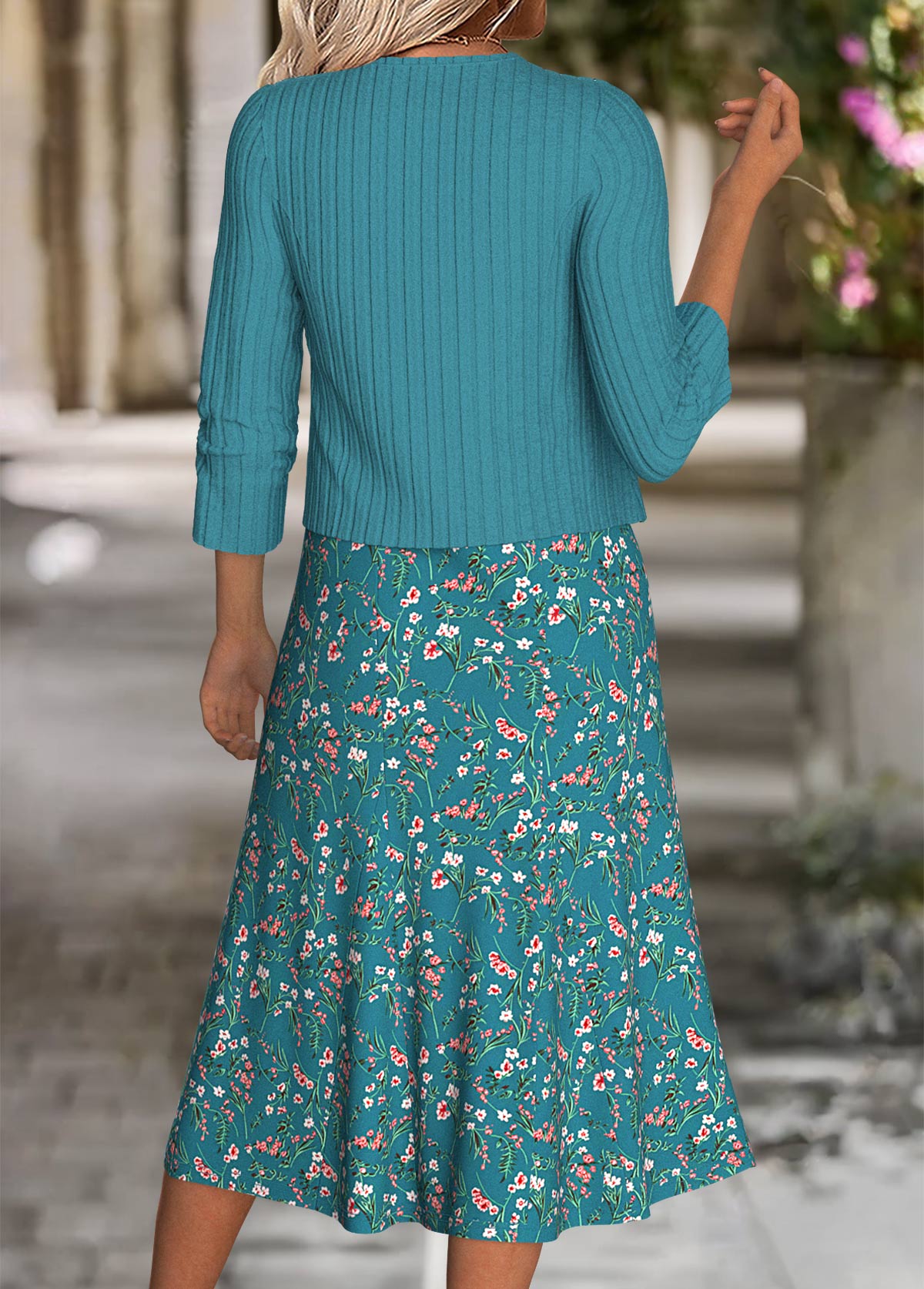 Peacock Blue Tummy Coverage Bracelet Sleeve Dress and Cardigan | picture 