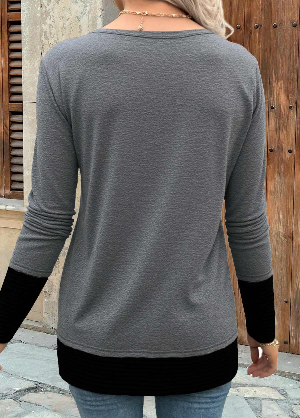 Dark Grey Patchwork Long Sleeve Round Neck T Shirt | picture 