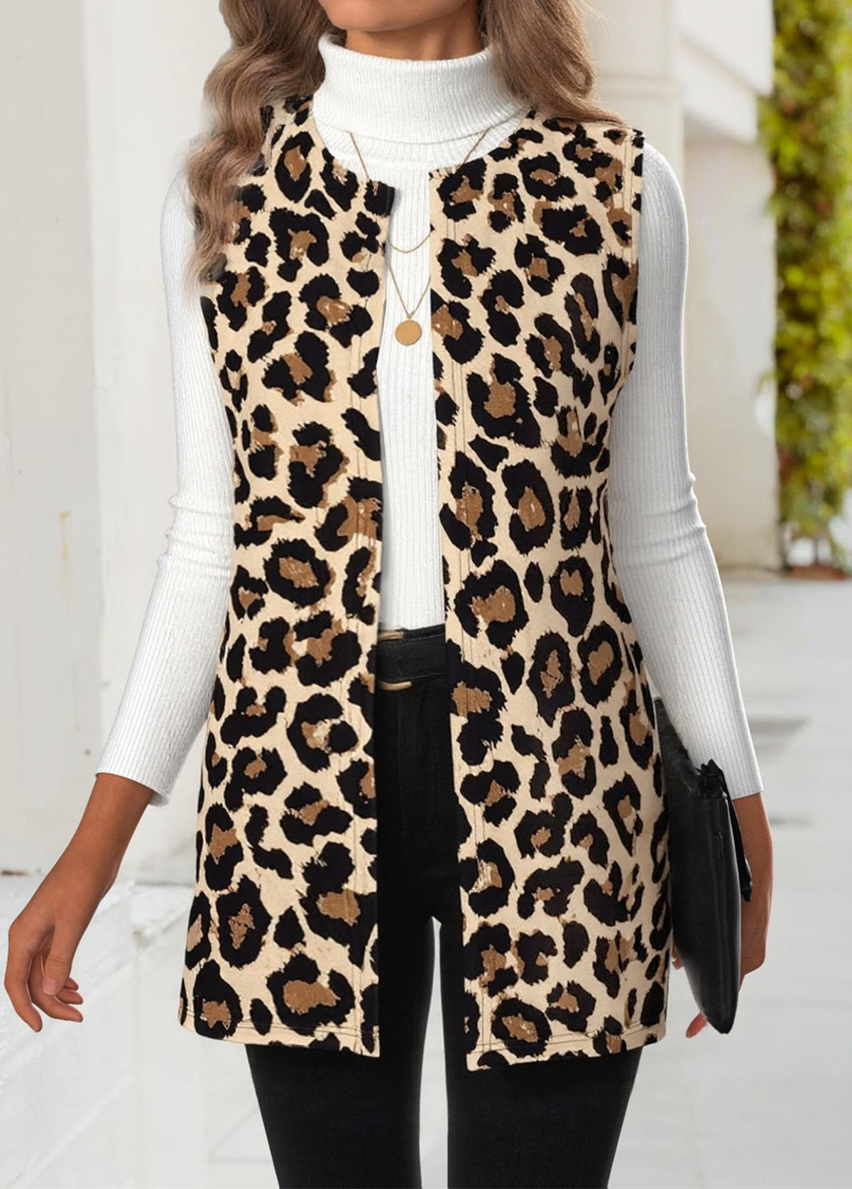 Multi Color Leopard Sleeveless Round Neck Waistcoat | picture 