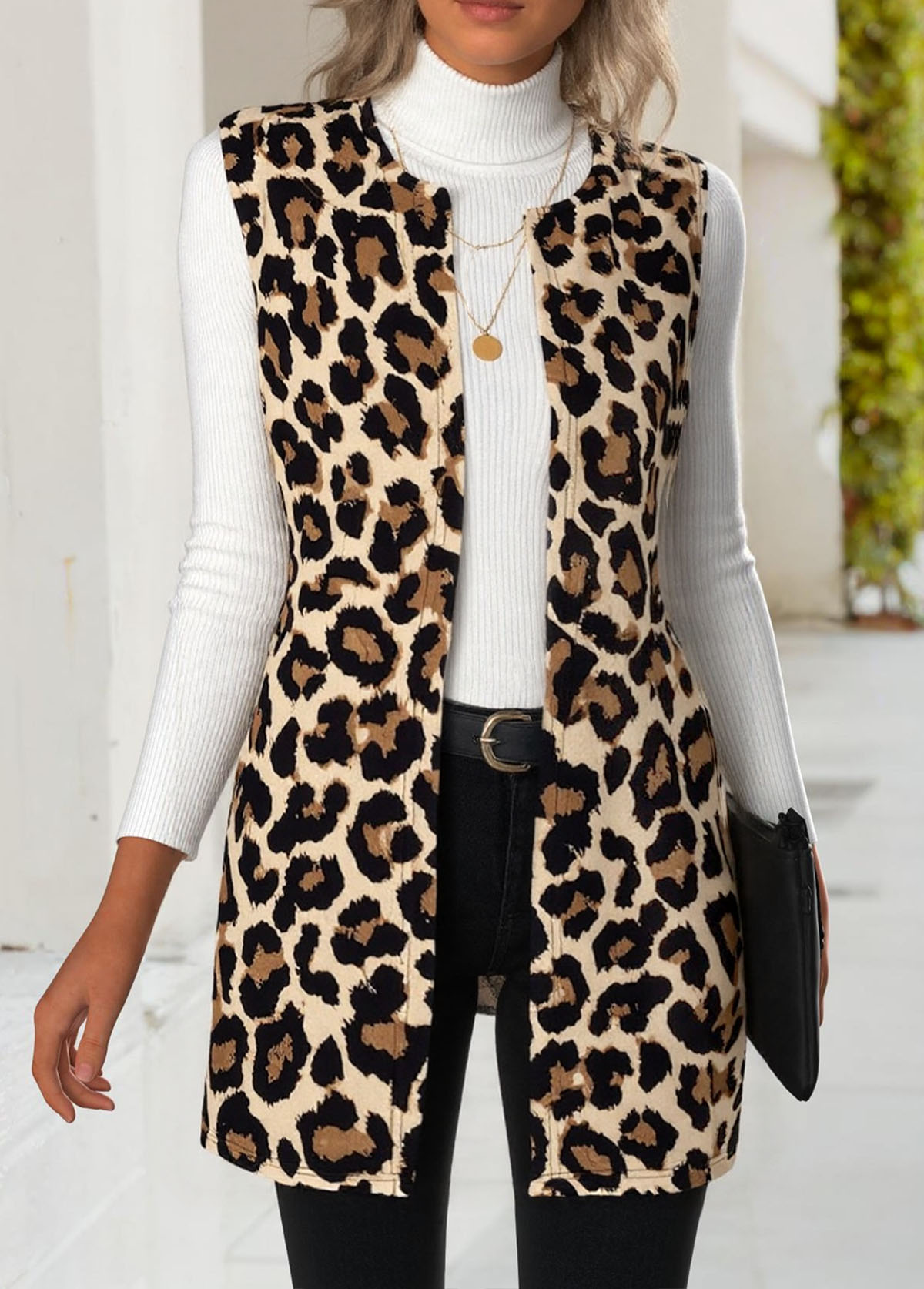 Multi Color Leopard Sleeveless Round Neck Waistcoat | picture 