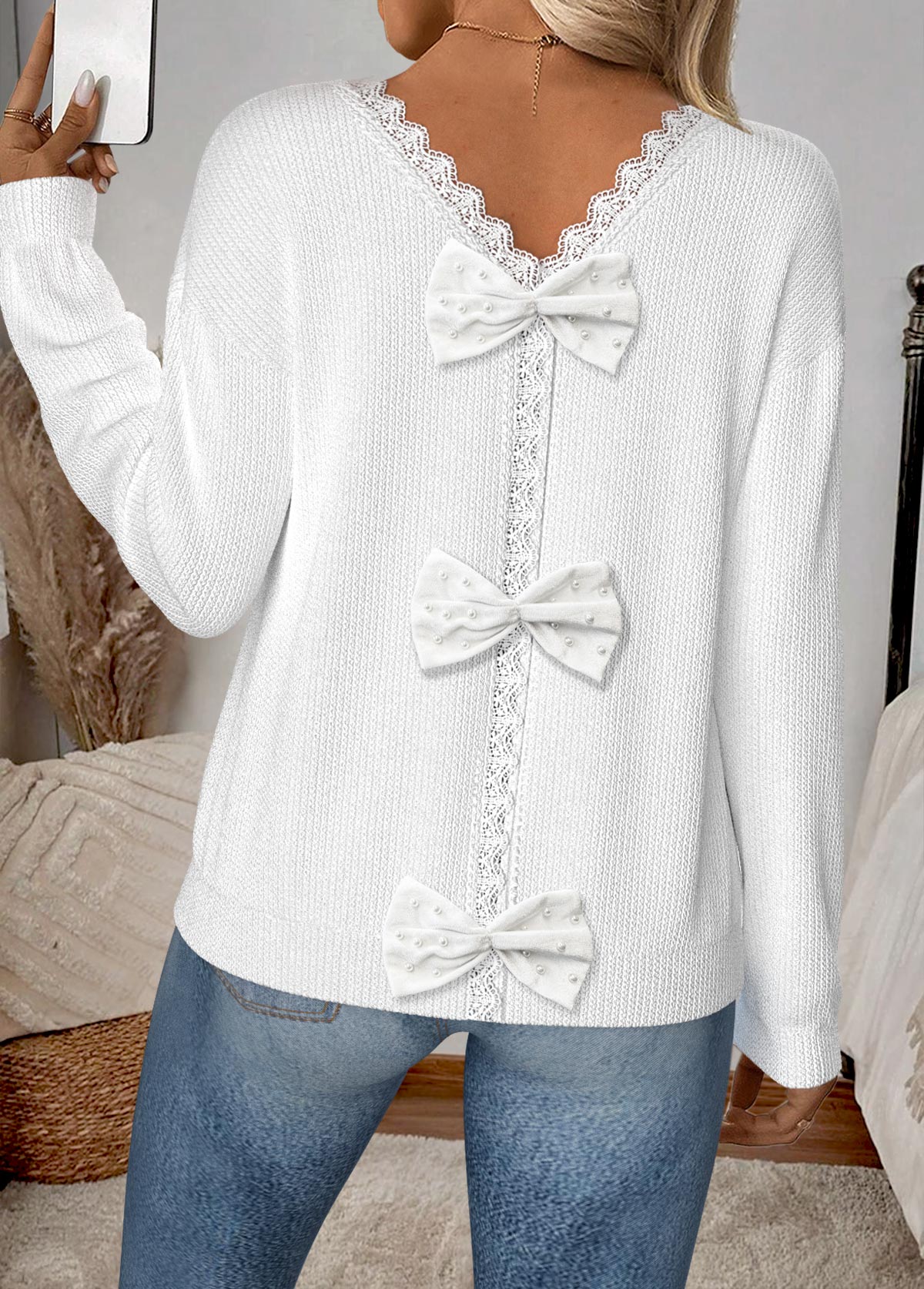White Patchwork Long Sleeve V Neck Sweater | picture 