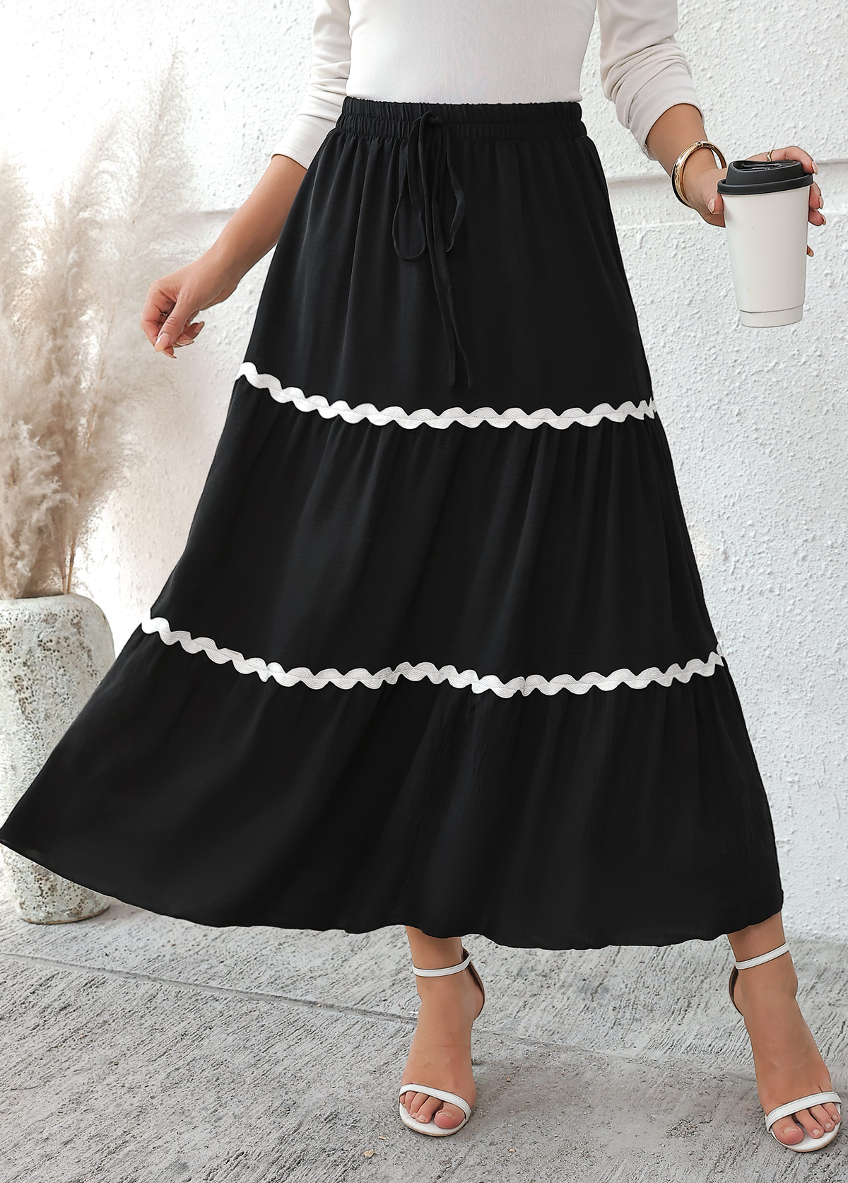 Black A Line Elastic Waist Maxi Skirt | picture 