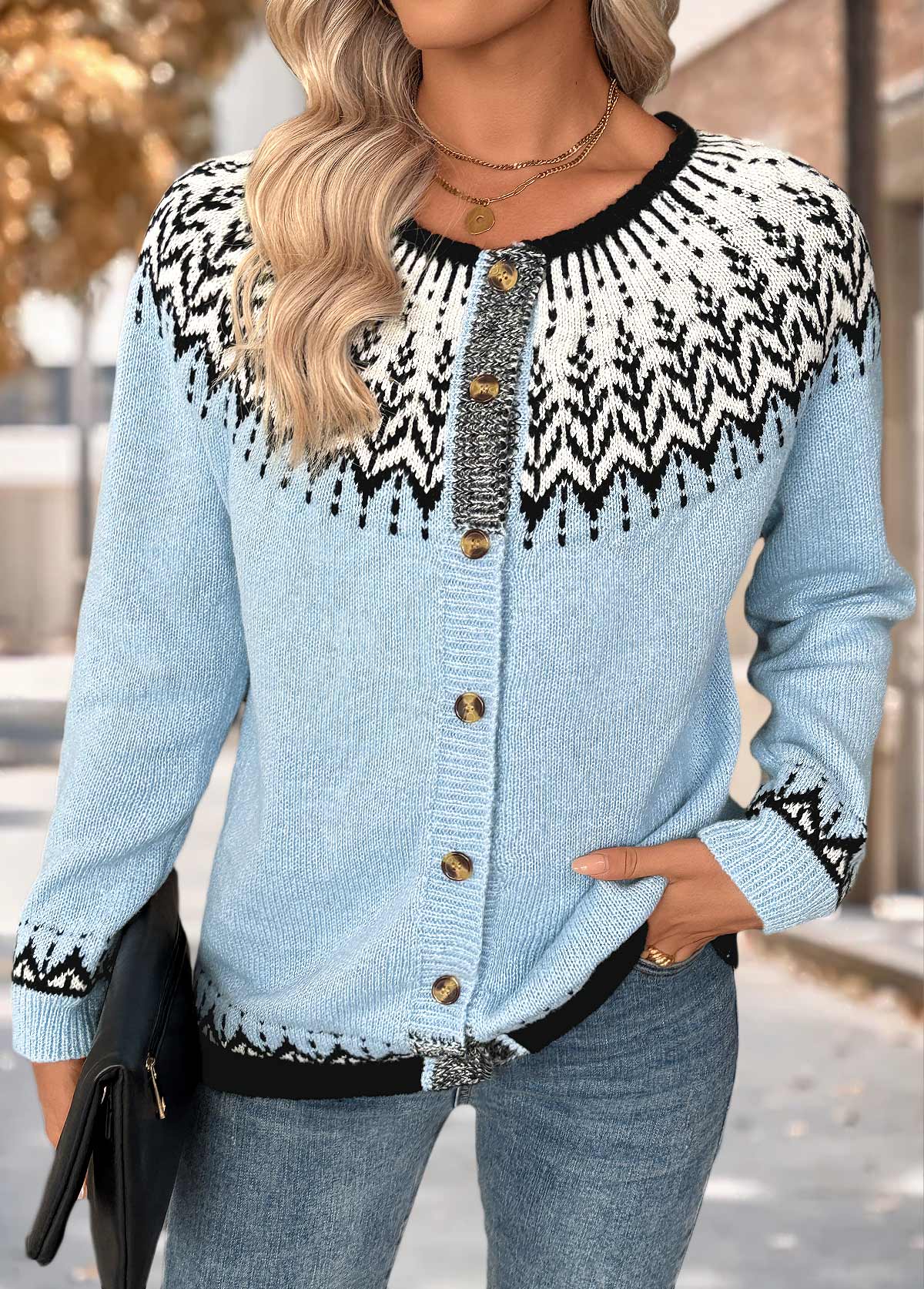 Light Blue Tummy Coverage Tribal Print Long Sleeve Cardigan | picture 