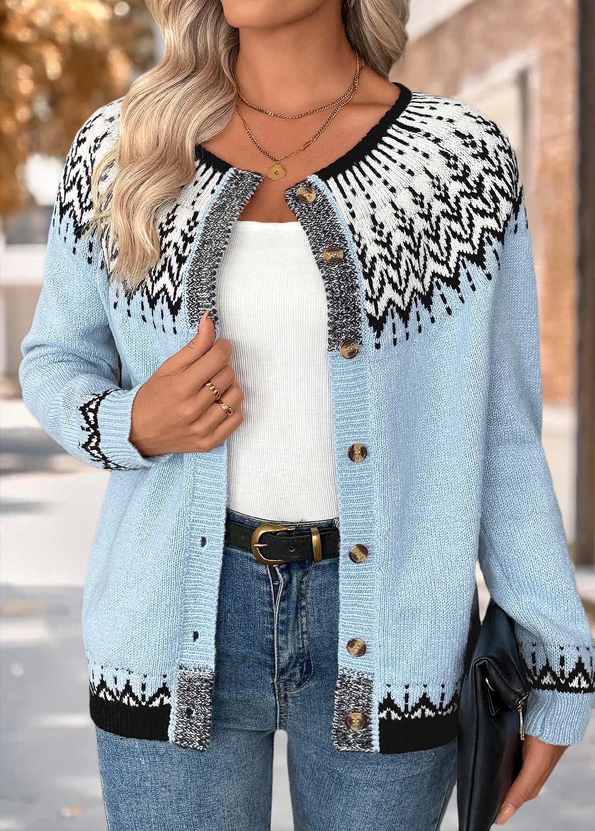 Light Blue Tummy Coverage Tribal Print Long Sleeve Cardigan | picture 