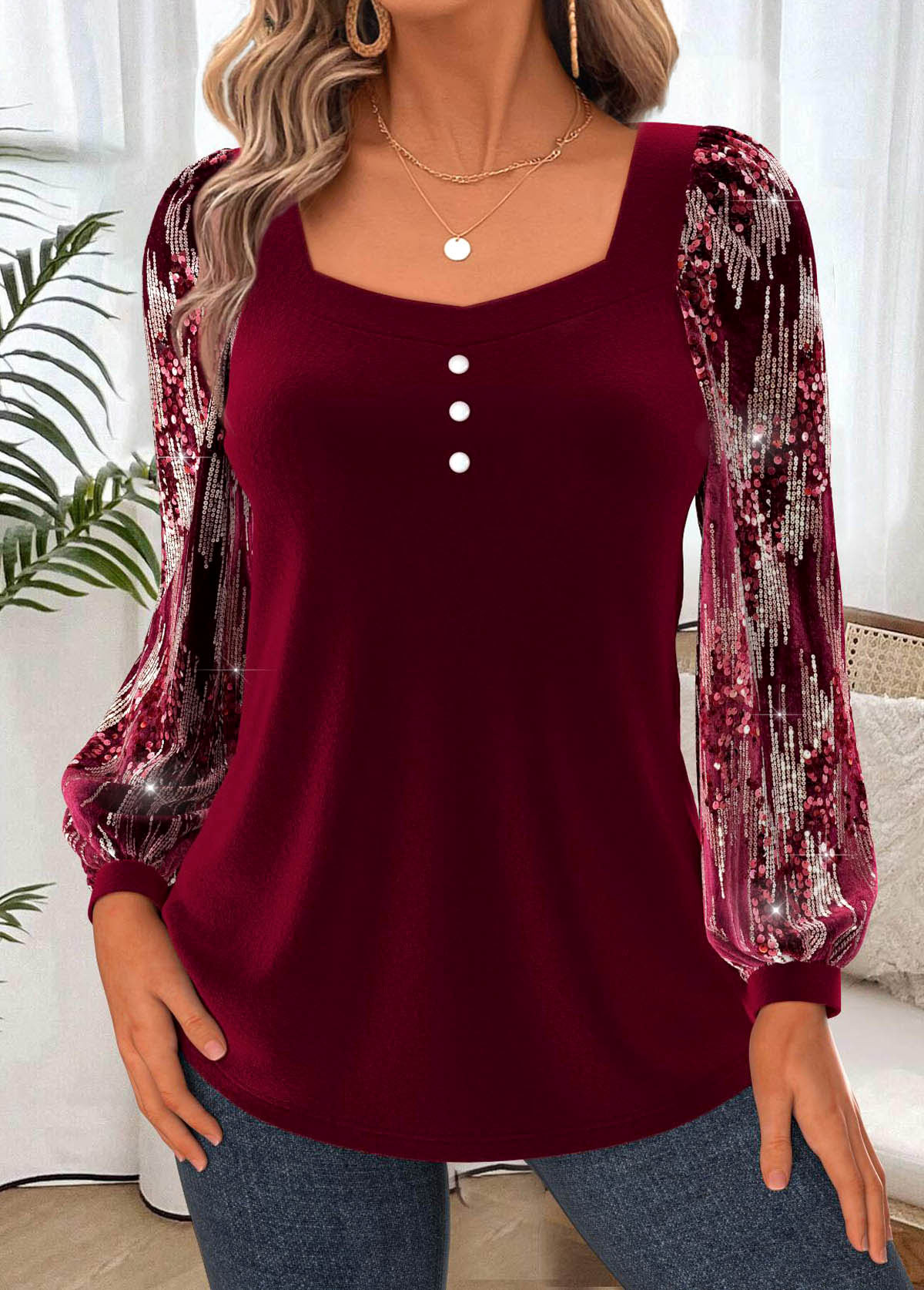 Wine Red Tummy Coverage Long Sleeve Heart Collar Blouse | picture 