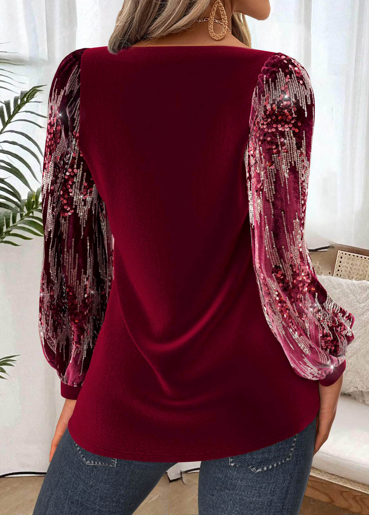 Wine Red Tummy Coverage Long Sleeve Heart Collar Blouse | picture 