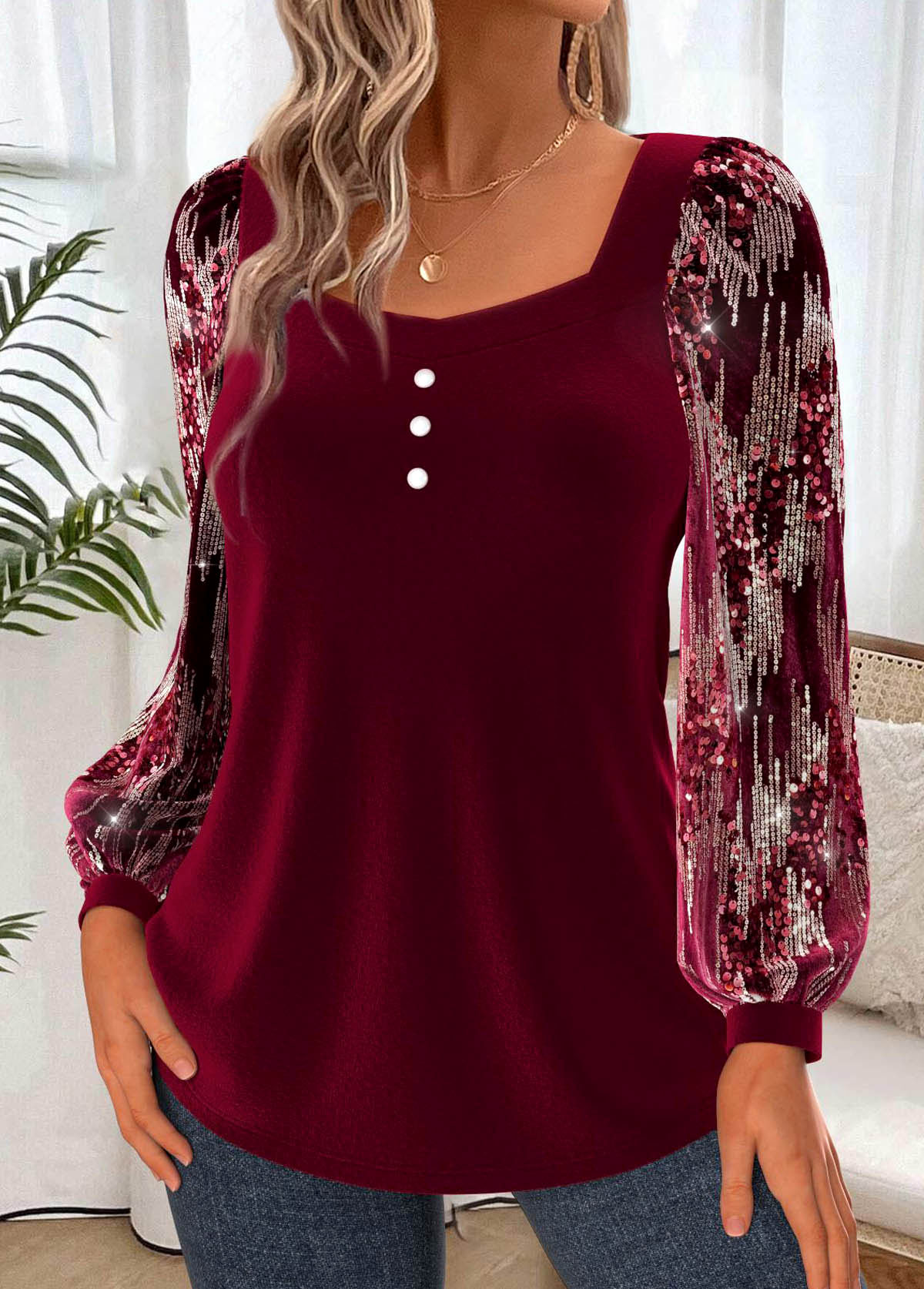 Wine Red Tummy Coverage Long Sleeve Heart Collar Blouse | picture 