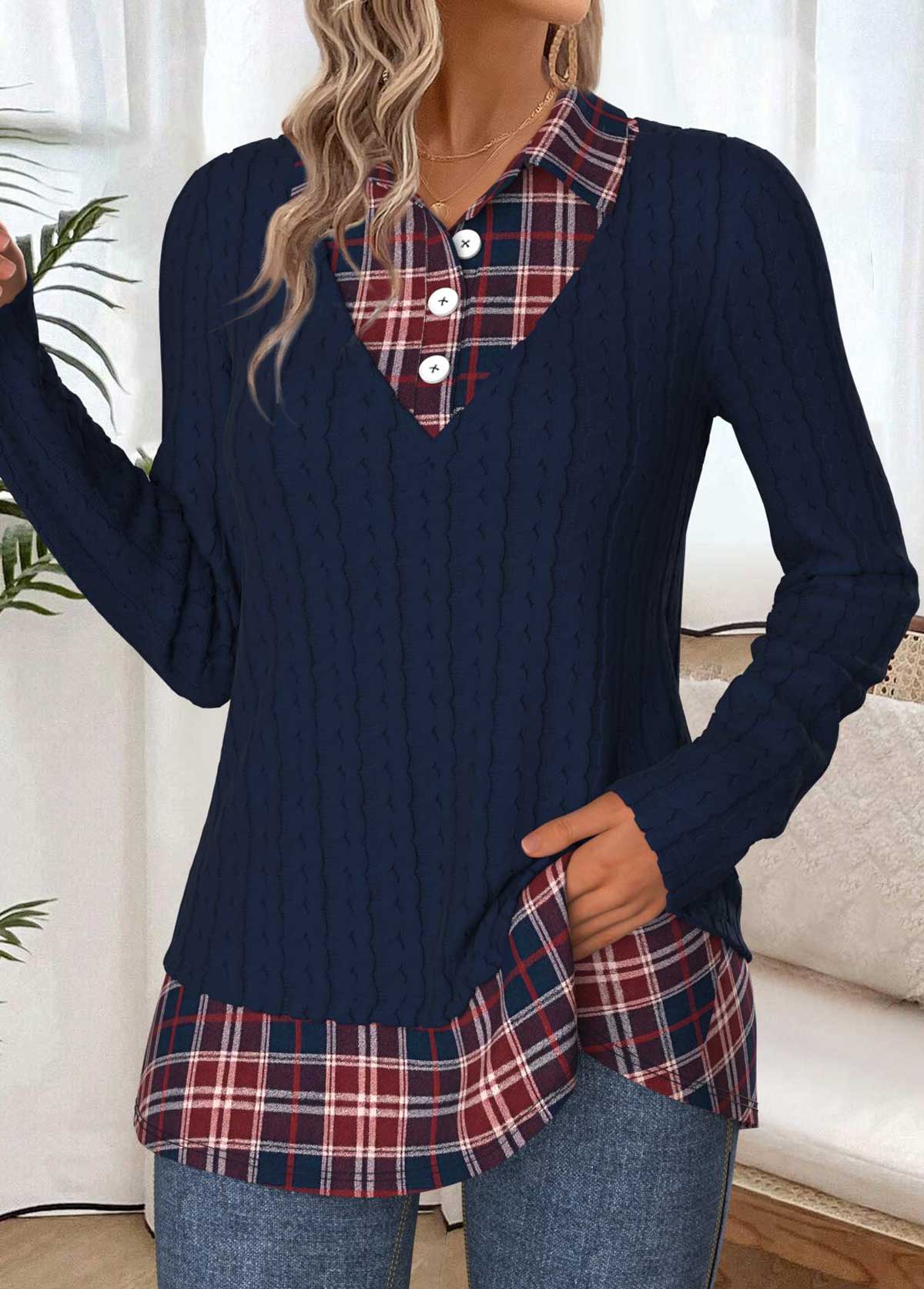 Navy Tummy Coverage Plaid Fake Two Piece Twinset | picture 
