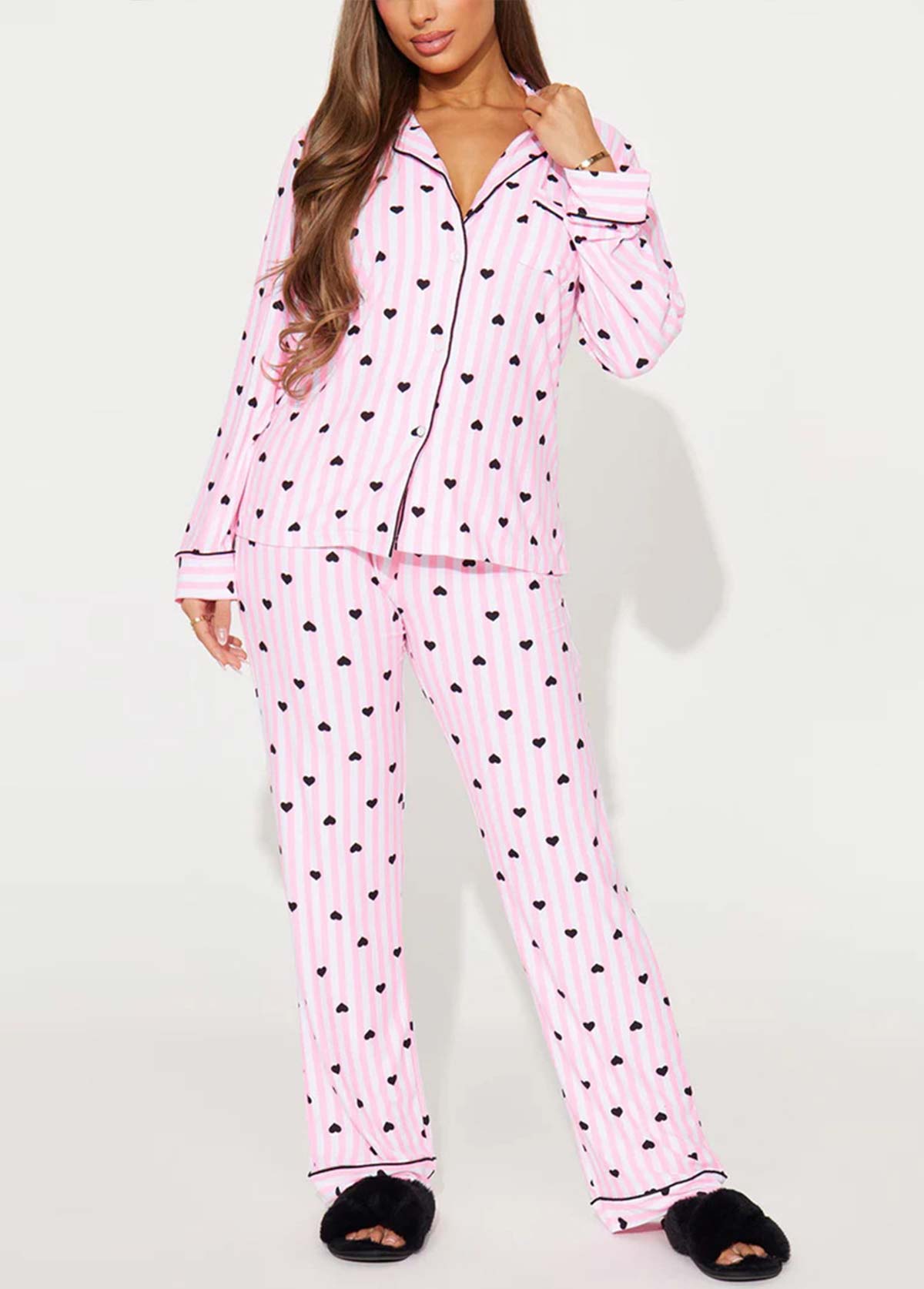 Pink Heart Print Long Sleeve Lounge Top and Pants | picture 