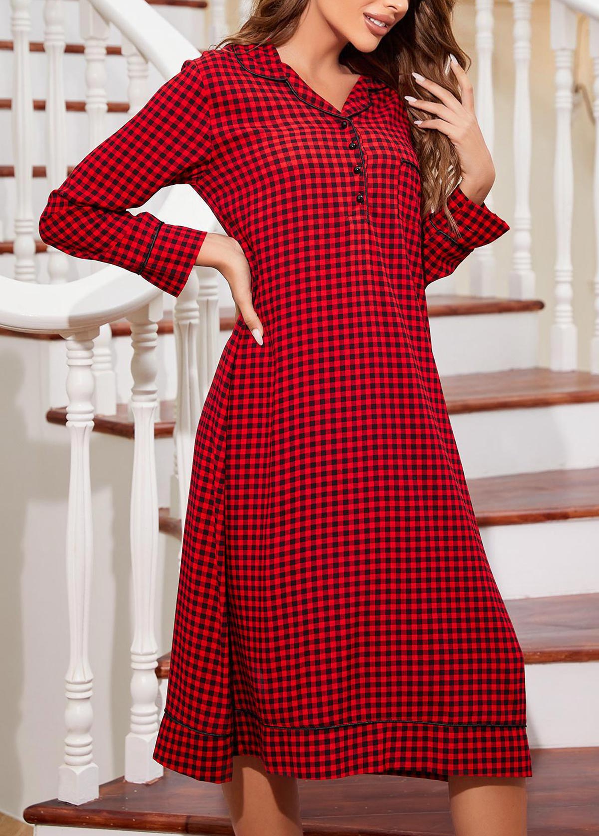 Red Plaid Long Sleeve Turn Down Collar Nightdress | picture 