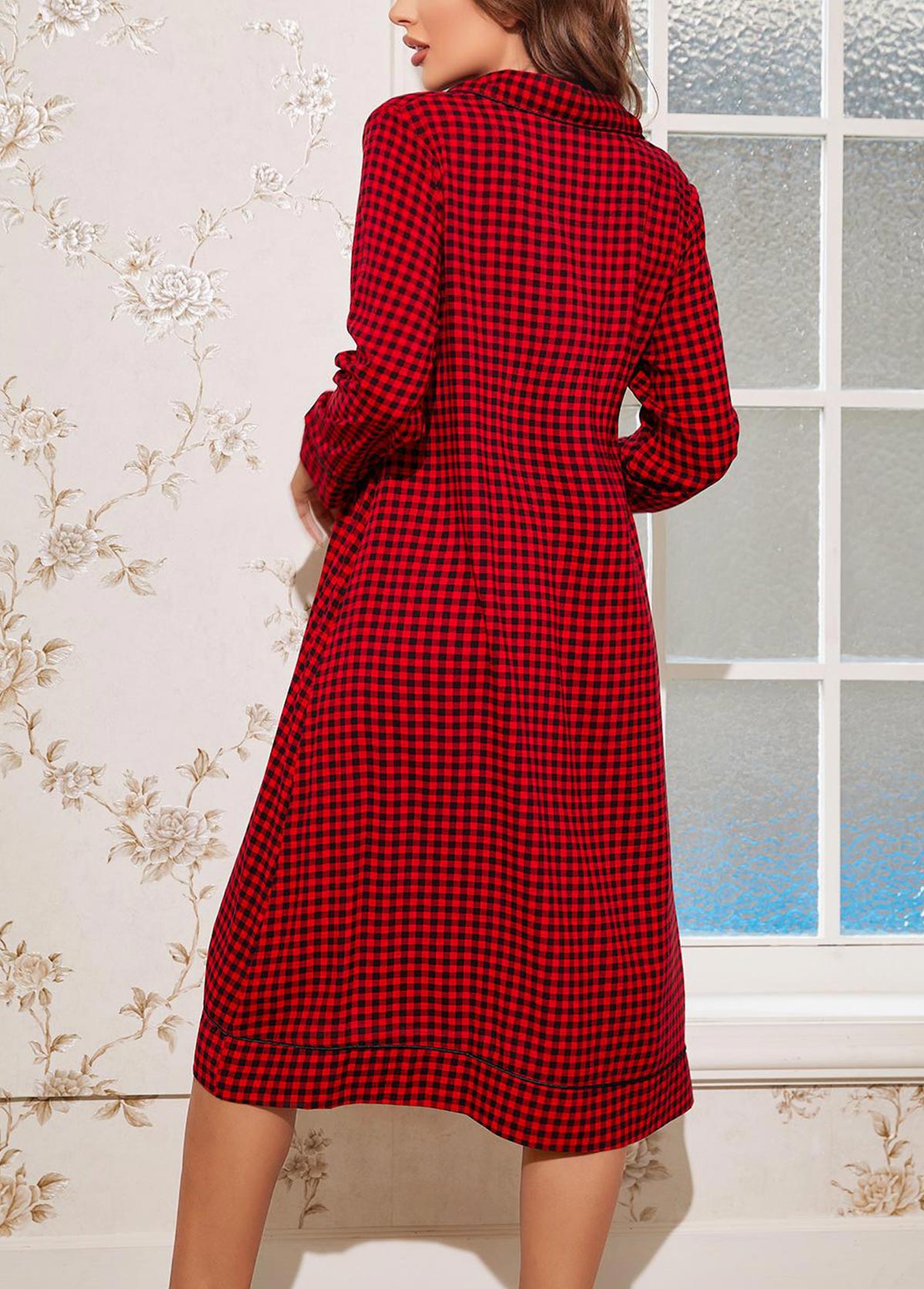 Red Plaid Long Sleeve Turn Down Collar Nightdress | picture 