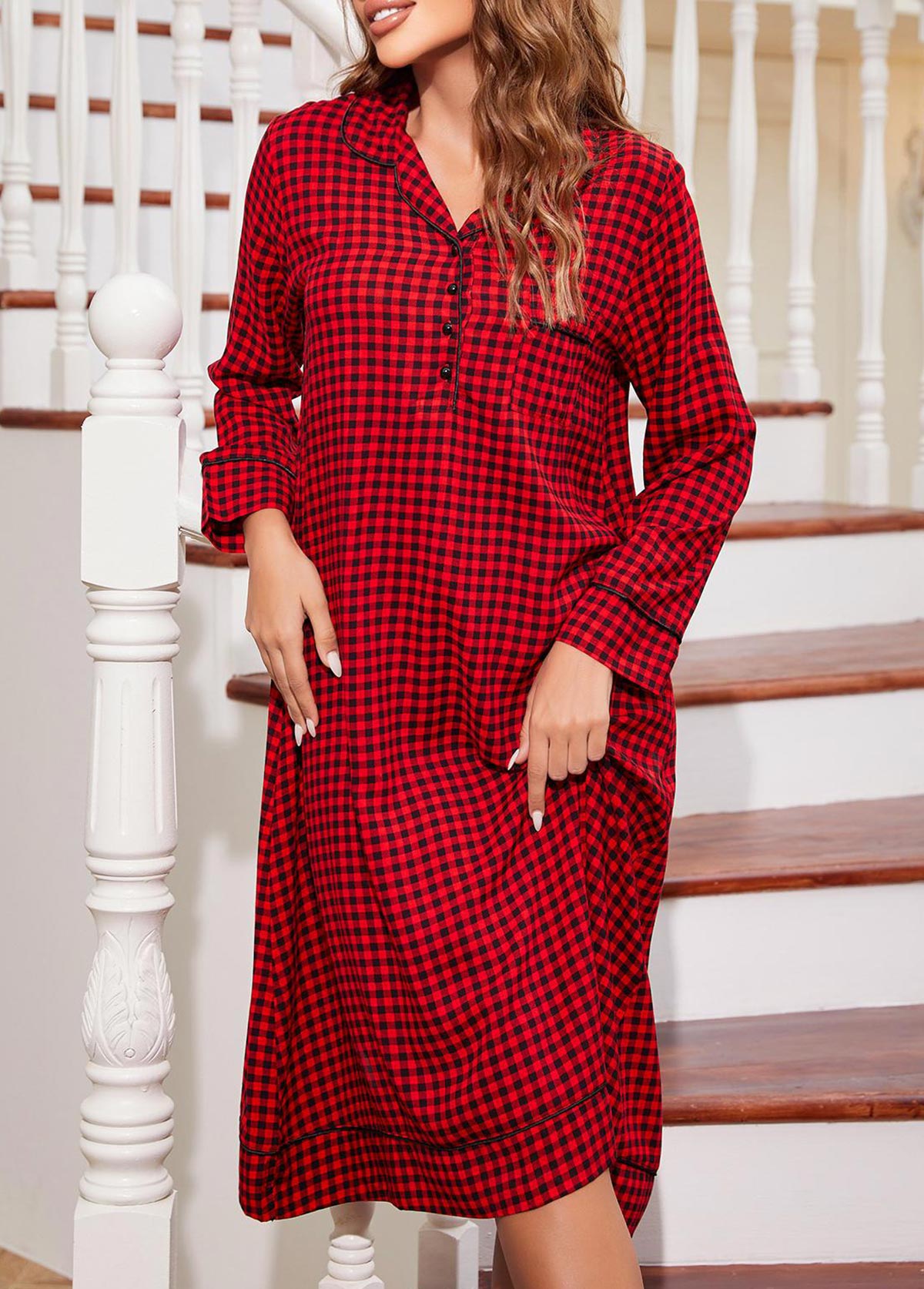 Red Plaid Long Sleeve Turn Down Collar Nightdress | picture 