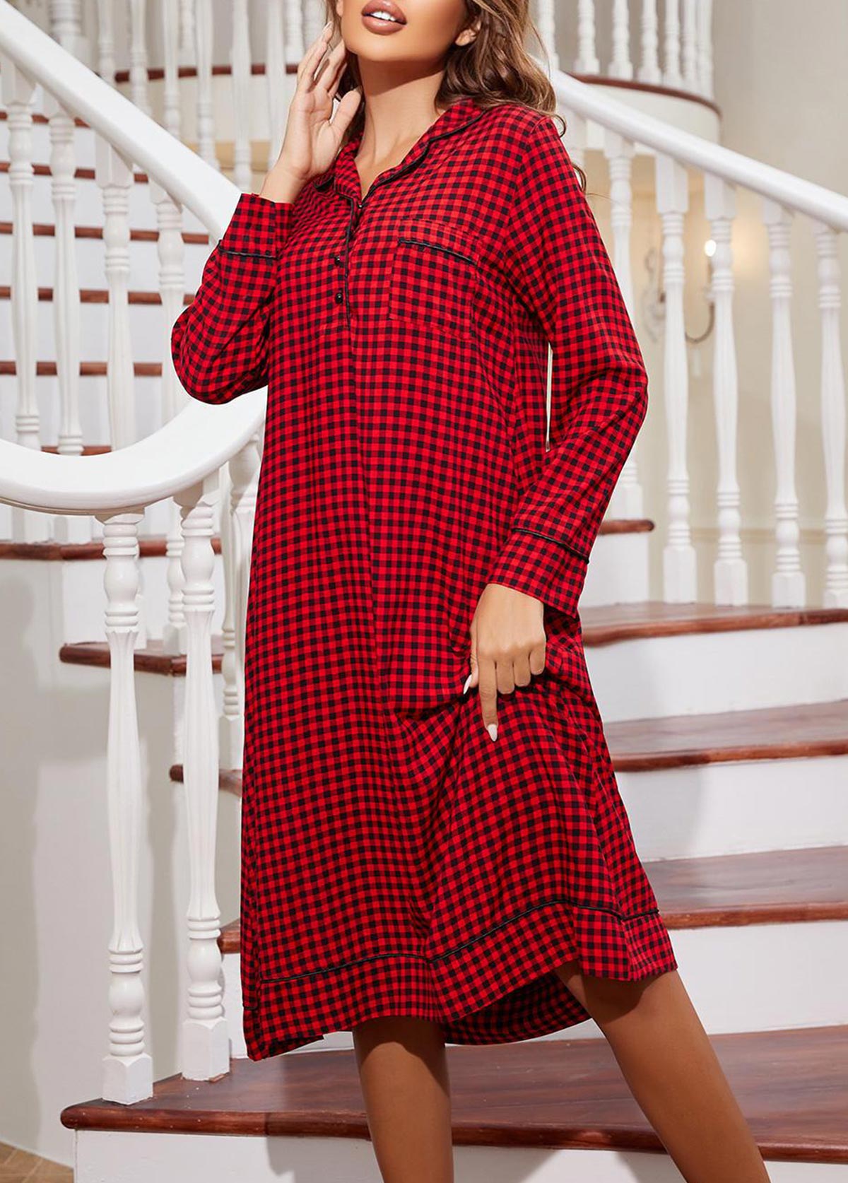 Red Plaid Long Sleeve Turn Down Collar Nightdress | picture 